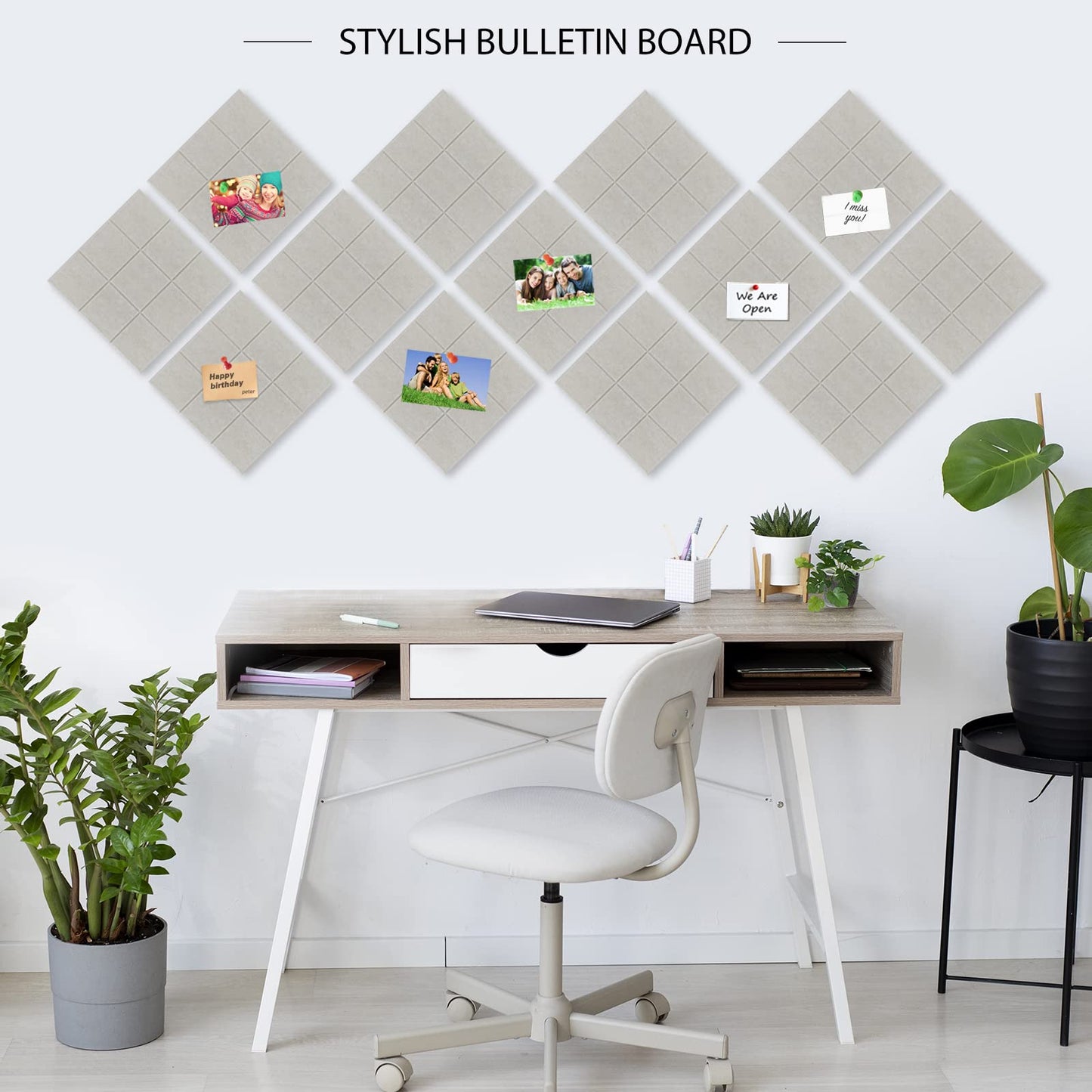 BXI Felt Bulletin Board - 12 X 12 X 0.4 Inches 6 Pcs Self-Adhesive Poster Cork Board with 30 Push Pins, Thick Pin Tiles Display Vision Board, Photo Picture Panels for Home Office Classroom Walls