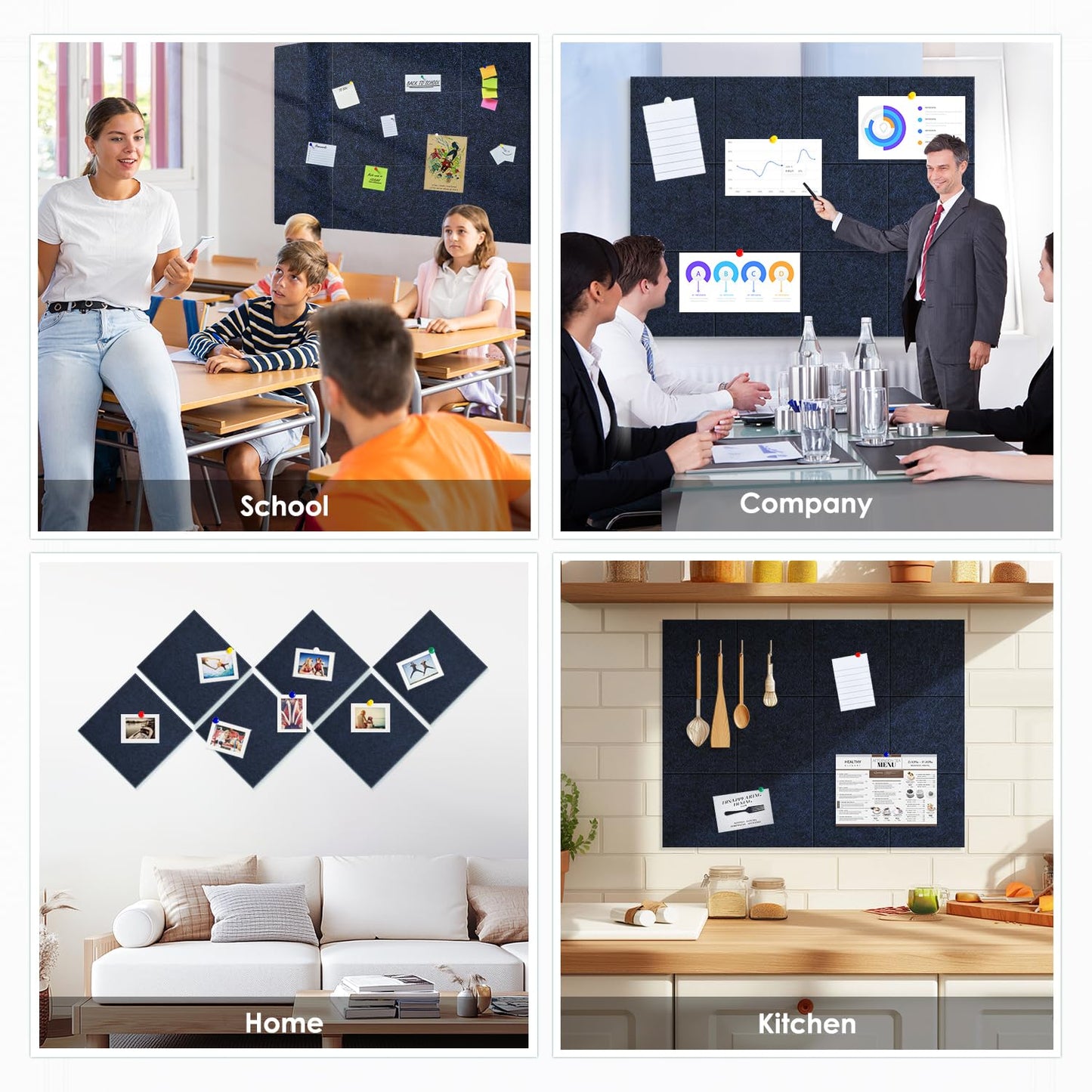 Large Cork Board for Walls 48"x36" |Cork Board Alternative| 12 Pack Felt Wall Tiles| Dark Blue Bulletin Board with Removable Adhesive | Cork Boards Pinboard for Office Home Classroom，Dark Blue