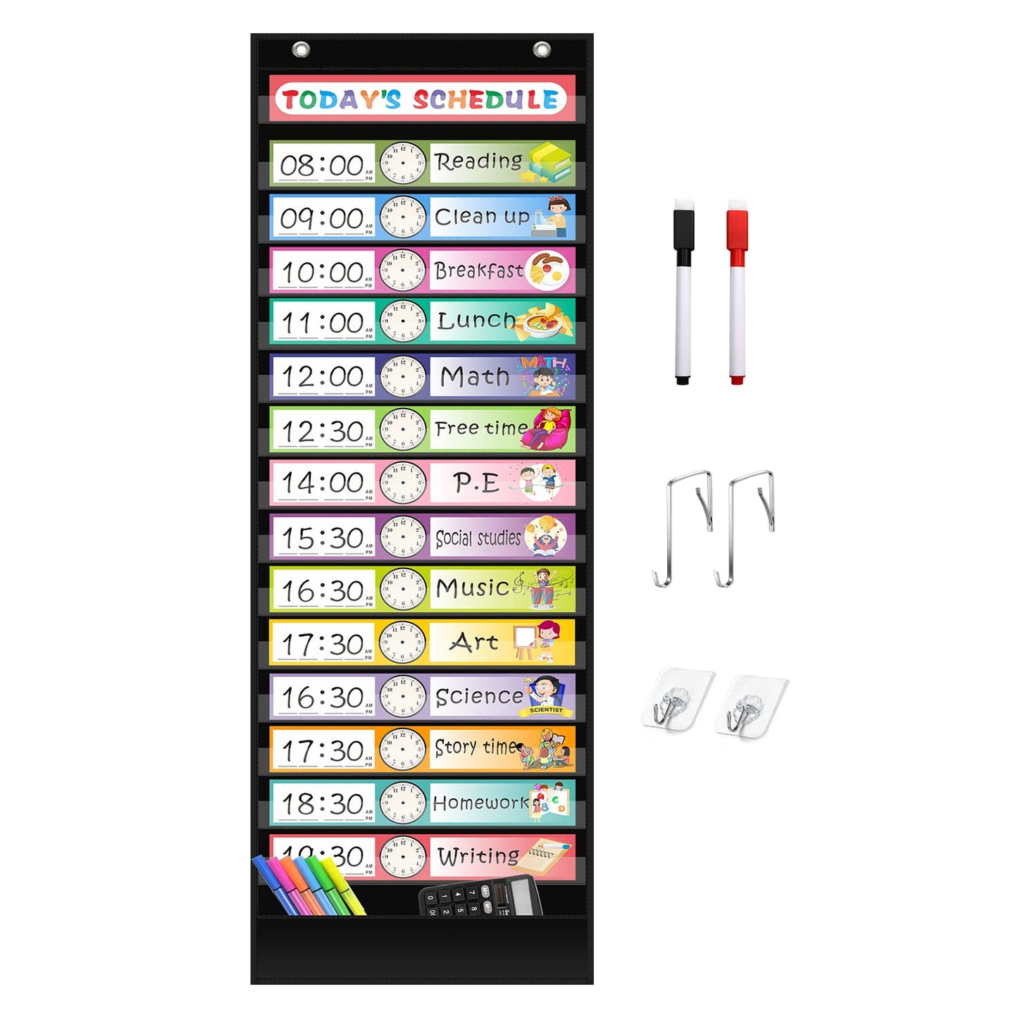 REGELETO 15+1 Pockets Daily Schedule Pocket Chart with 30 Pcs Double-Sided Reusable Cards, Scheduling Pocket Chart for Classroom Office Home School Activity(Black)