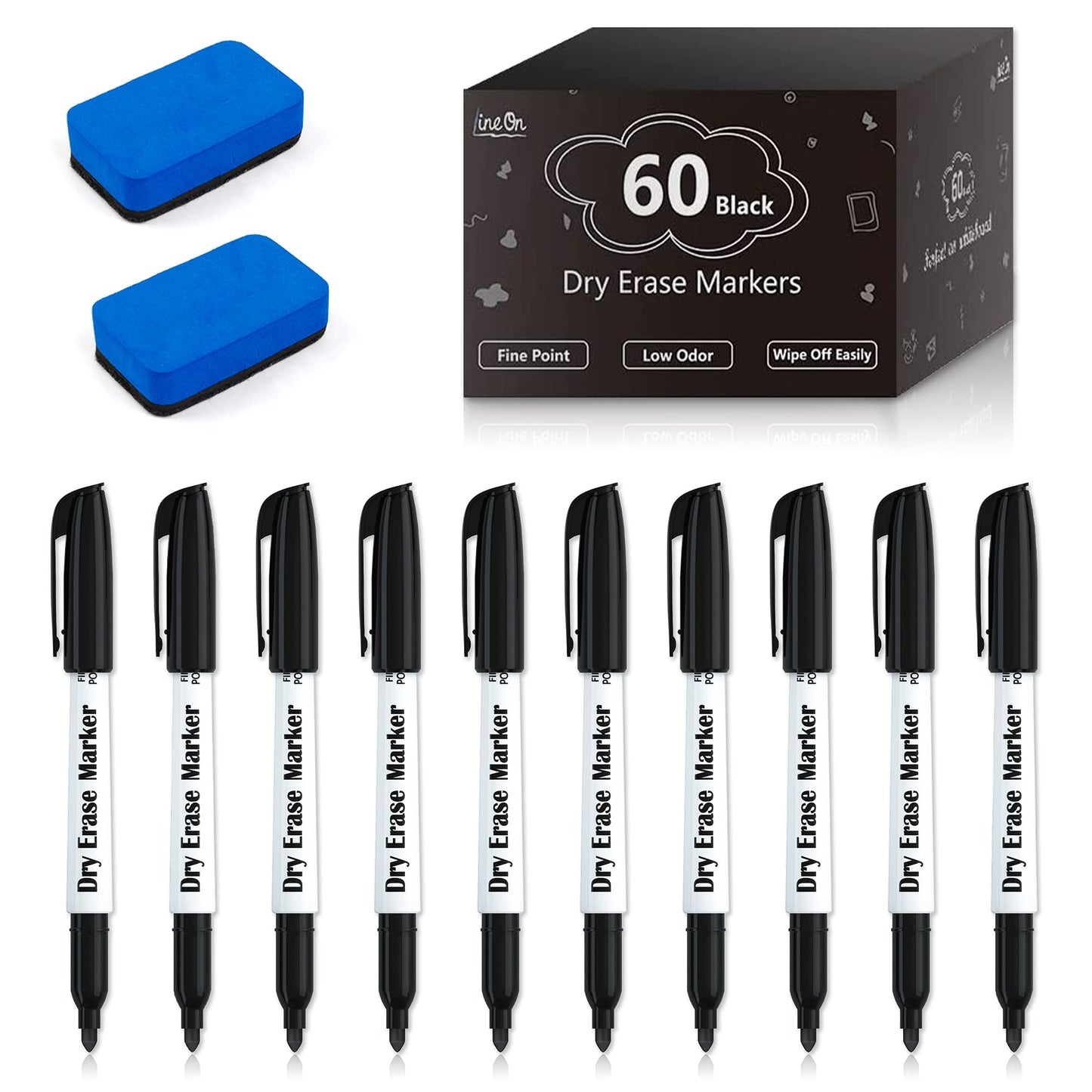 Dry Erase Markers, Lineon 60 Bluk Pack Black Whiteboard Markers with 2 Eraser, Fine Point Dry Erase Markers Perfect For Writing on Whiteboards, Dry-Erase Boards,Mirrors for School Office Home