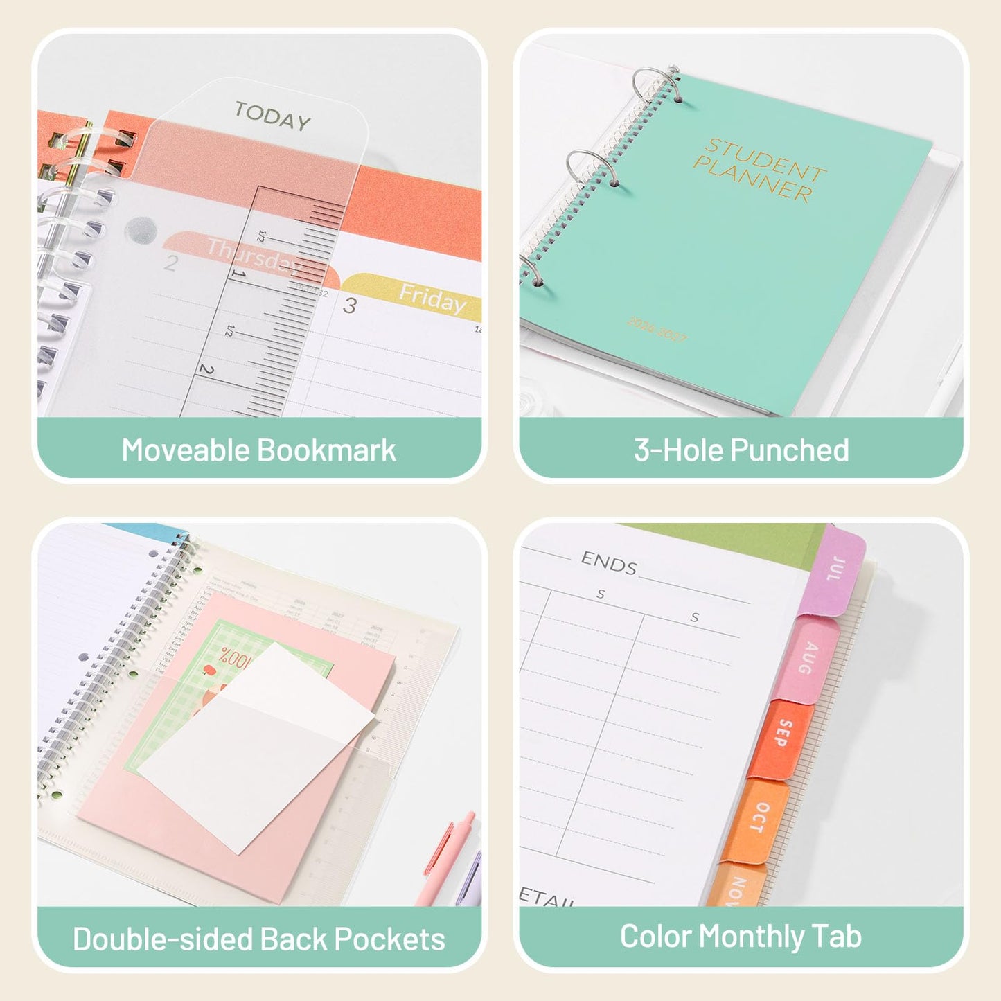 SUNEE Student Planner 2026-2027, Academic Weekly & Monthly School Planner, July 2026 - June 2027, 8.5" x 11" Lesson Plan Book with Weekly Goals, Monthly Tabs, Bookmark & 3-Hole Punch, Mint Green