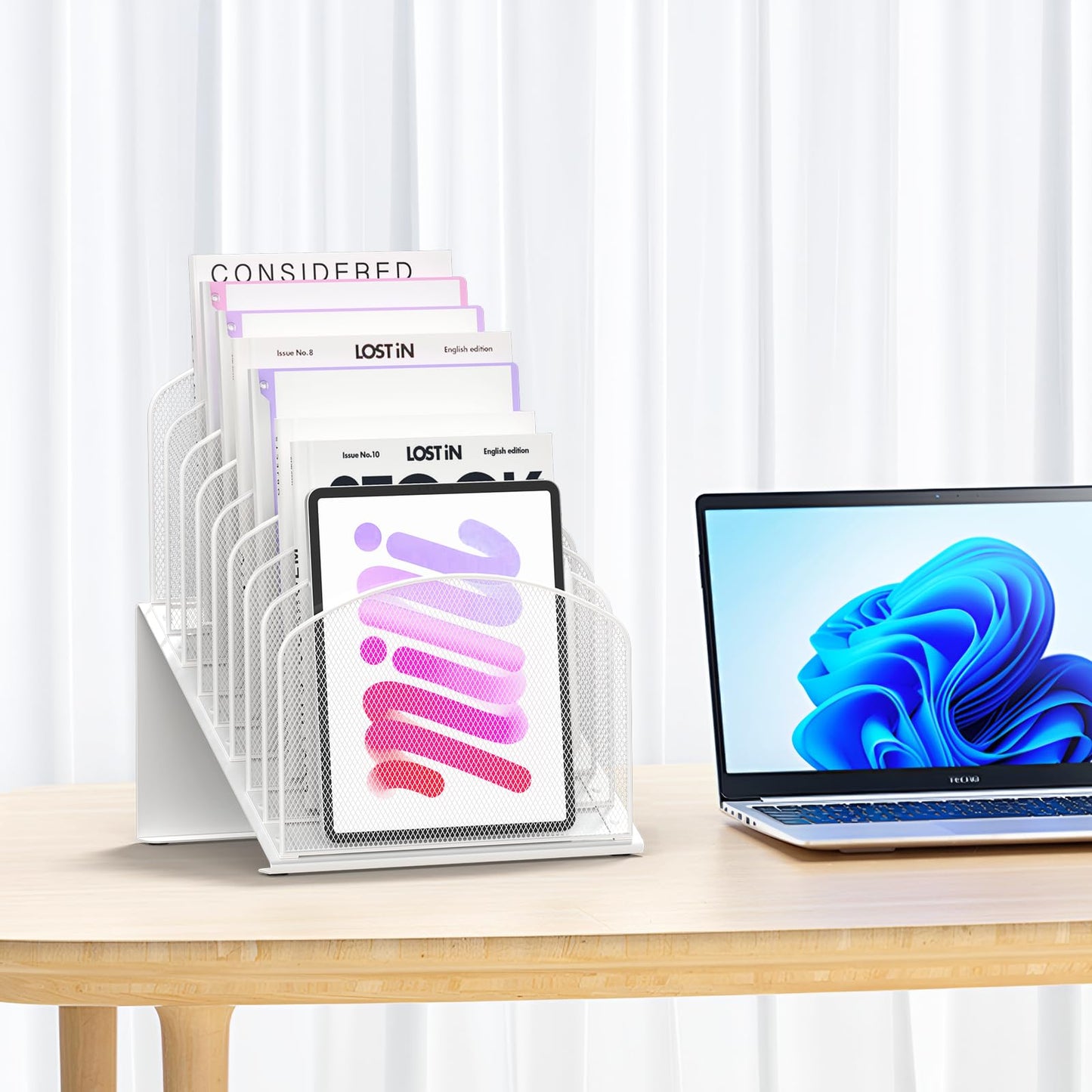 Inclined Desk File Organizer Metal Desk Magazine Folder Holder with 8-Section Vertical Compartments Rack File Organizer for Office, Home, School, White