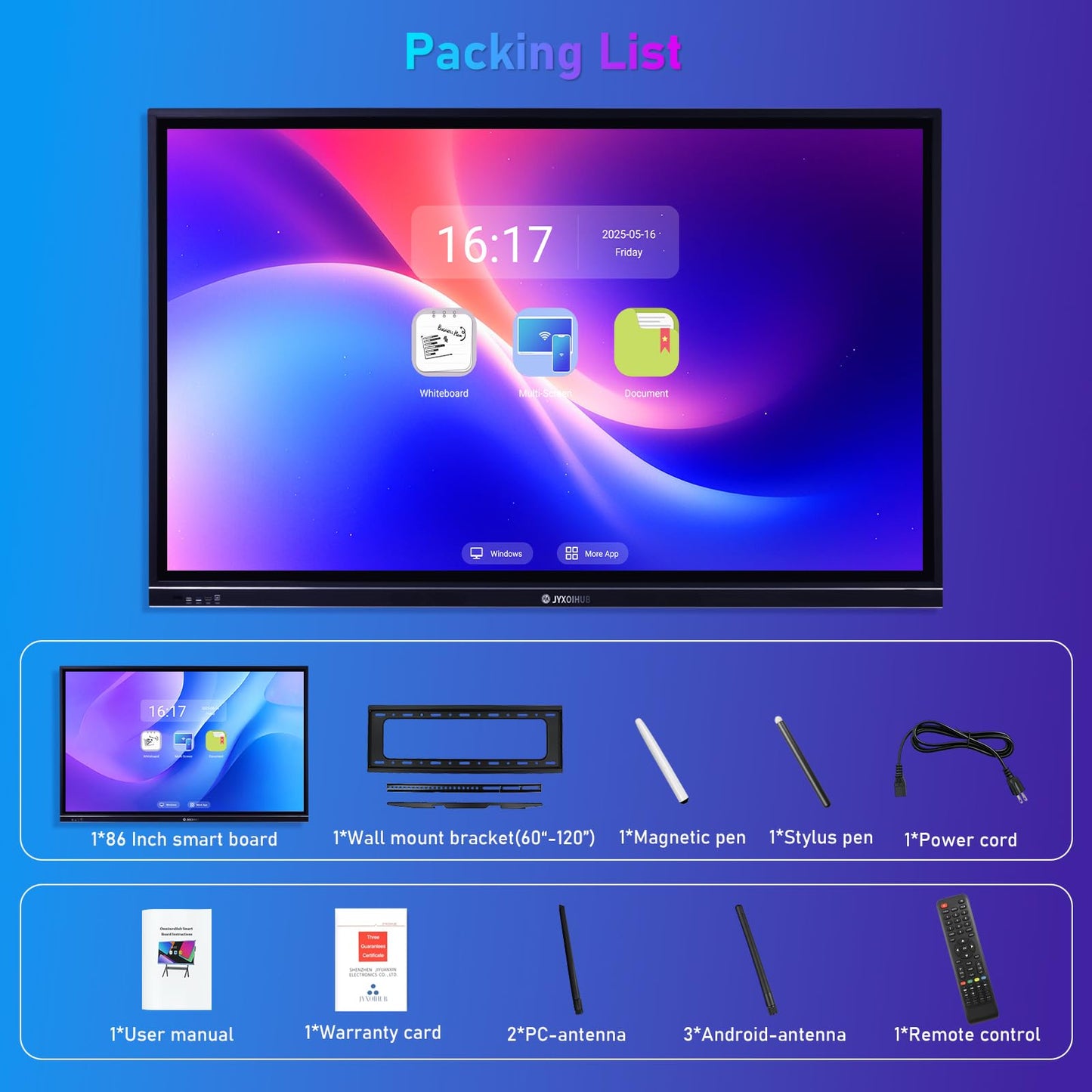 Interactive Whiteboard, 86inch Smart Board with 4K UHD Touch Screen Flat Panel, All in One Digital Electronic Whiteboard Built in Dual System for Conference