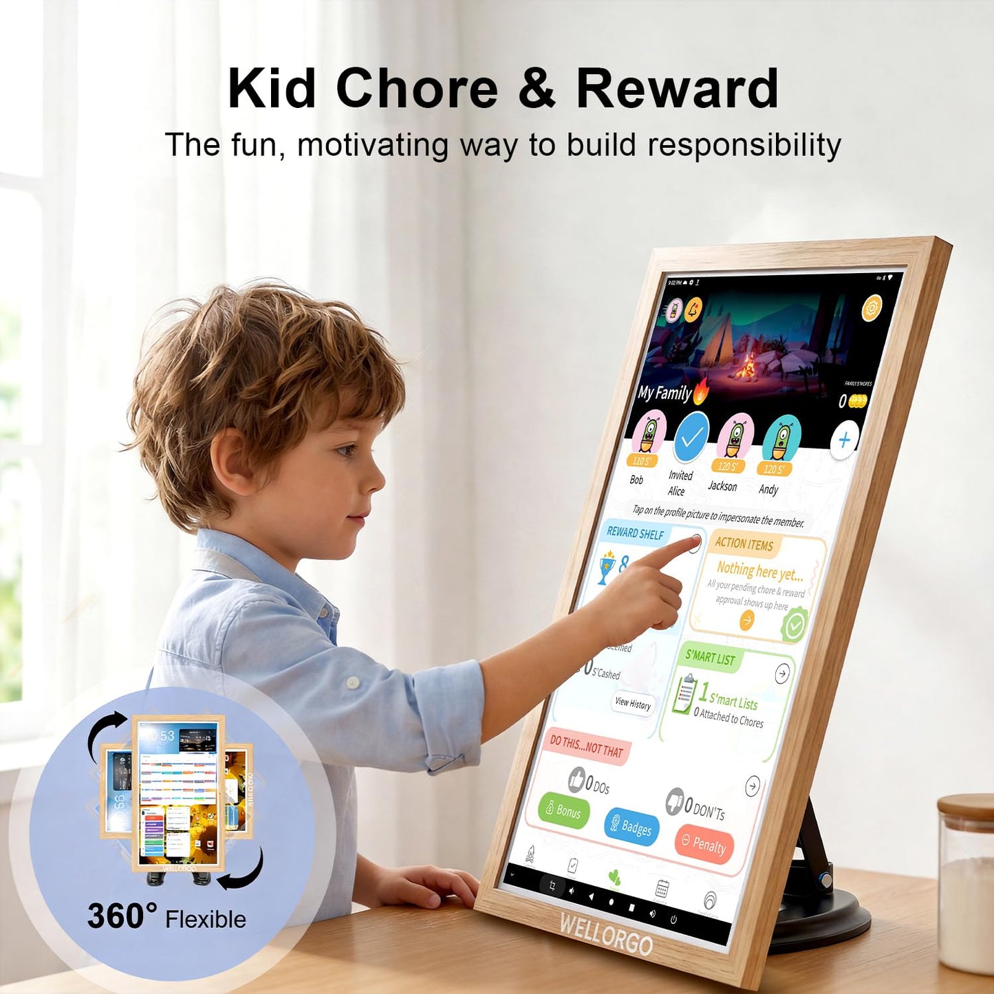 WELLORGO Smart Digital Calendar, 21.5” Electronic Planner with FHD Touch Screen & Remote Control, Electric Family Organizer with Chore Chart Google Play Customizable App, Picture Frame Desk Tablet
