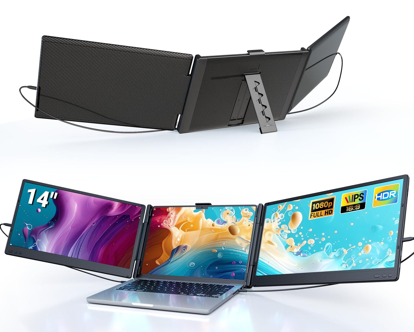 Ygretyrjh Laptop Screen Extender, 14" Triple Portable Monitor for Laptop, 1080P FHD IPS Screen Extender Monitors for 13"-17", Travel Monitor for Mac/Windows/Chrome, Built-in Speakers