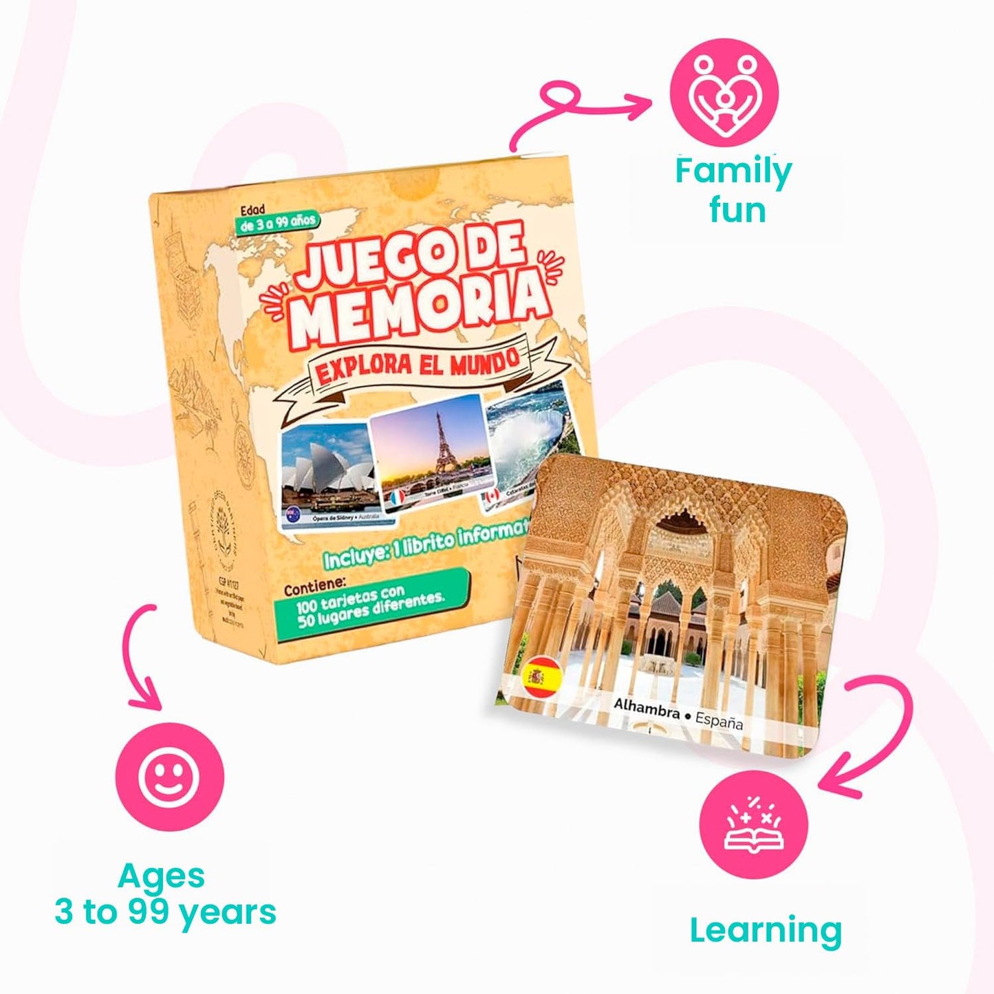 Menique Explore the World Memory Matching Game – Spanish Edition – 100 Cards (50 Pairs) with Iconic Landmarks, Country & Flag – Educational Geography Game in Spanish.