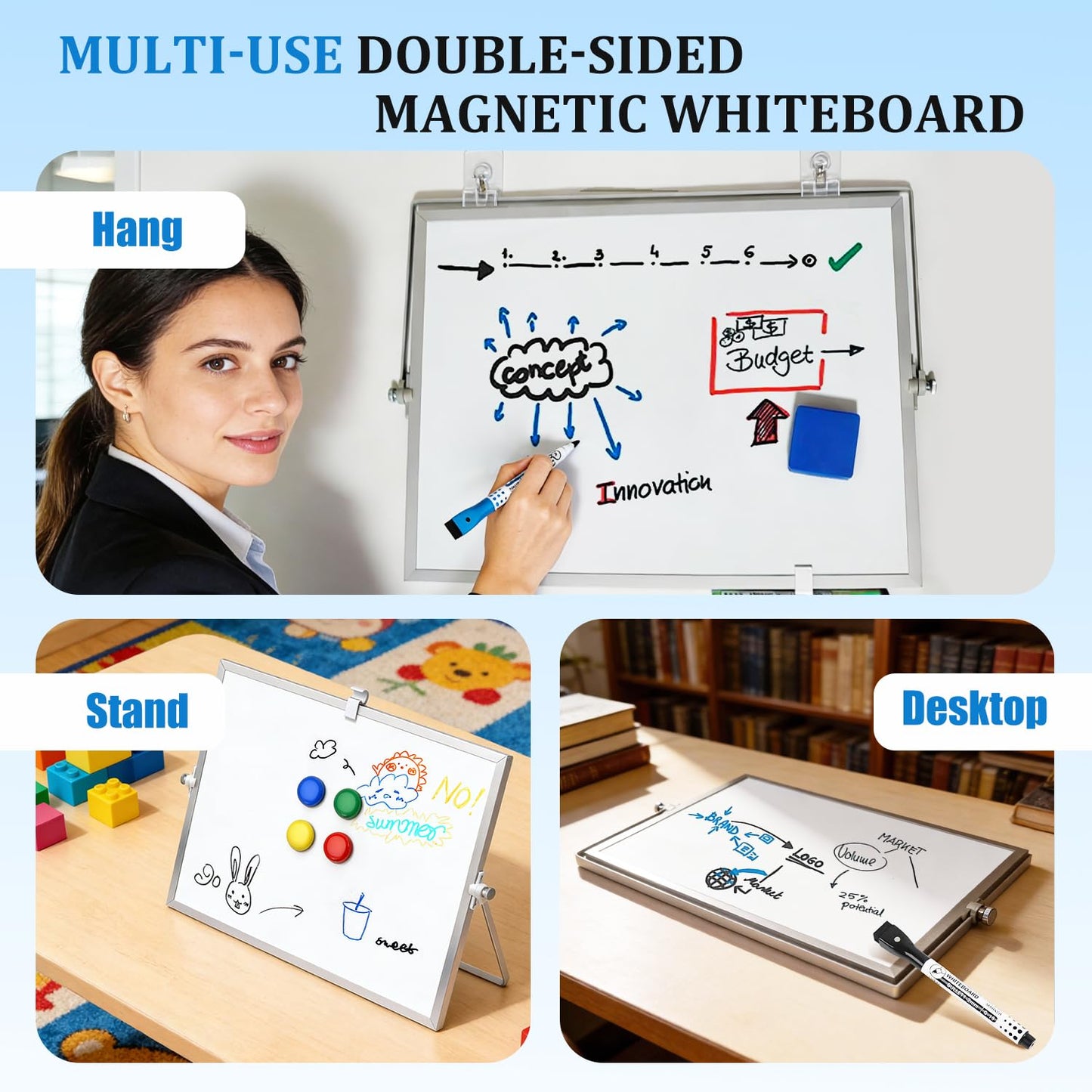 Teridokor Dry Erase Magnetic Whiteboard Double-Sided 16"x12" - Portable Desktop Whiteboard with Stand for Memo to Do List Office Home Drawing (10 Markers, 4 Magnets, 1 Eraser, 1 Ruler)