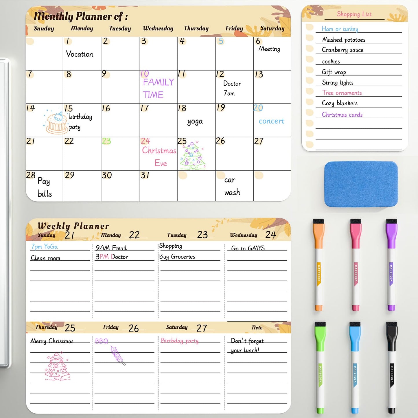 Marsrock Dry Erase Magnetic Calendar for Refrigerator (3 Pack) - Monthly & Weekly & Daily Planner Magnet Whiteboard for Fridge - Shopping, to Do List, Meal/Menu, Planning Board, 14"x11", Yellow