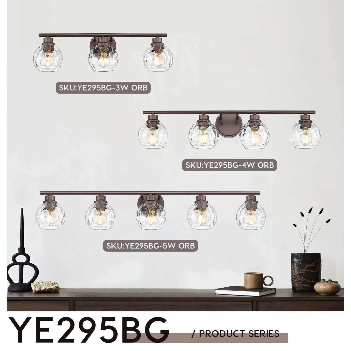 Emliviar 3-Light Bathroom Vanity Light, Water Ripple Globe Glass, Oil Rubbed Bronze Finish, Model YE295B, 25 Inch