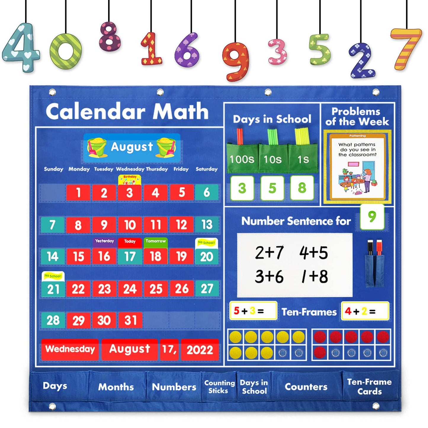 Boczif Daily Math Calendar Classroom Pocket Chart, Math Activities Educational Pocket Chart Teaching Calendar All About Number Activities for Counting, Problem –Solving, Elementary and Pre-school