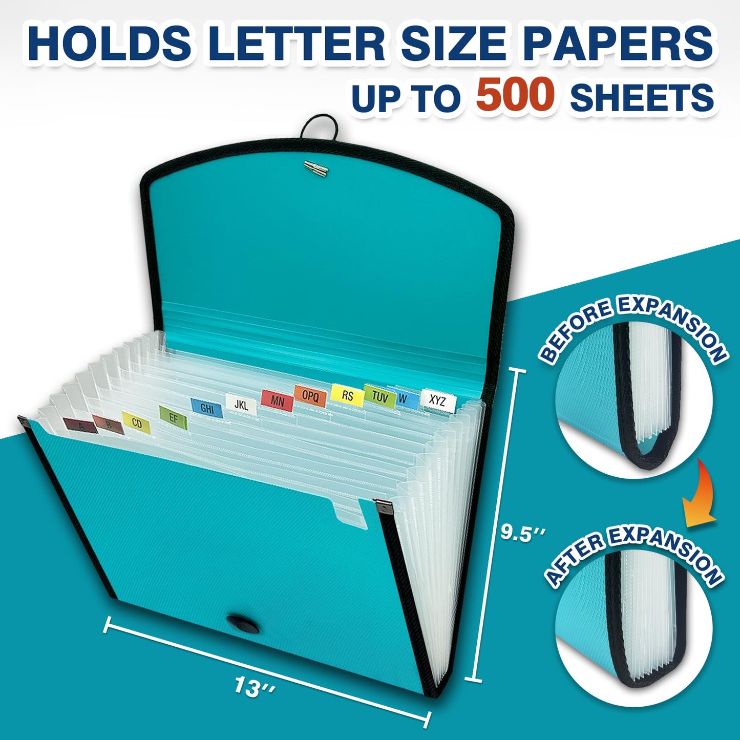 H4D 13-Pocket Accordion File Organizer with Mesh Pocket, Expanding File Folder with Tabs, Expandable Document Organizer for Home Office School, Letter Size, Teal