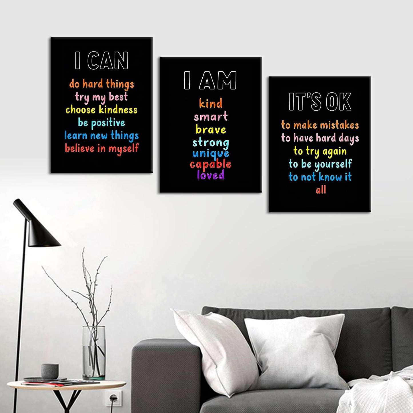 PSYYSP Positive Affirmations Wall Decor For Kids Bedroom Classroom Posters Growth Mindset I Am I Can It Is Ok Inspirational Canvas Art Set 3 Piece Framed Office Decor 16x36 Inch Triptych Artwork