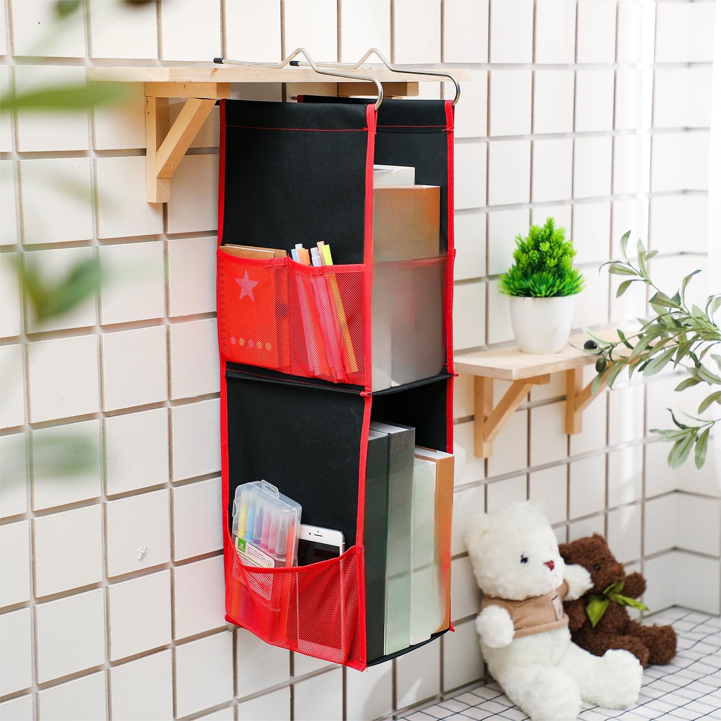 Chapou 1 PC Hanging Locker 2 Layer Shelves Hanging Locker Organizer Accessories for Office School Gym Closet Home Supplies(Red)