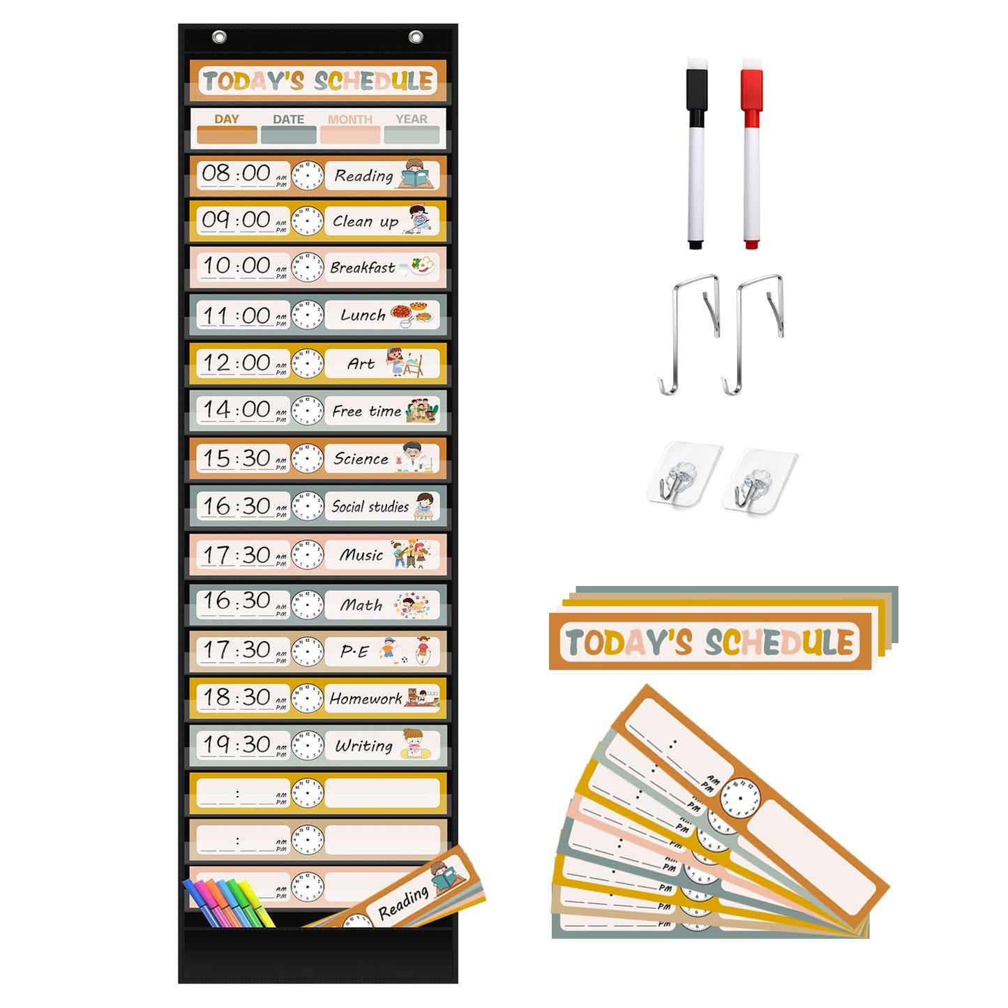 REGELETO Boho 18+1 Pockets Daily Schedule Pocket Chart, 30 pcs Double-Sided Reusable Cards, Scheduling Pocket Chart for Classroom Office Home School Activity(Black)
