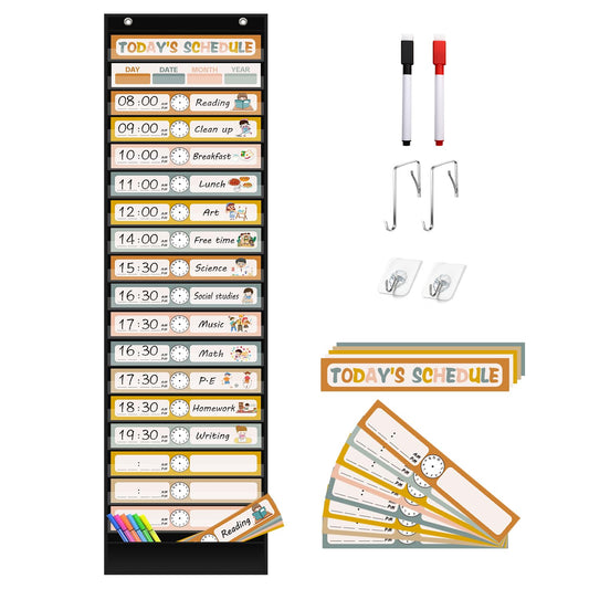 REGELETO Boho 18+1 Pockets Daily Schedule Pocket Chart, 30 pcs Double-Sided Reusable Cards, Scheduling Pocket Chart for Classroom Office Home School Activity(Black)