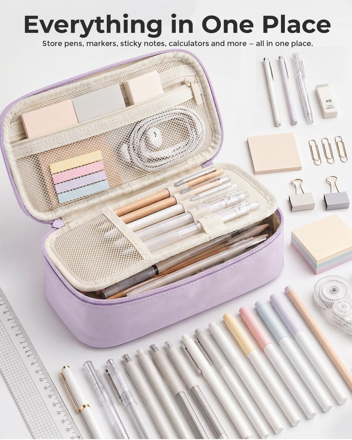 WEMATE Pencil Case, Large Storage Organizer, Makeup Bag, Teacher Must - have, Big Pencil Pouch, Marker Case for College (Light Purple)