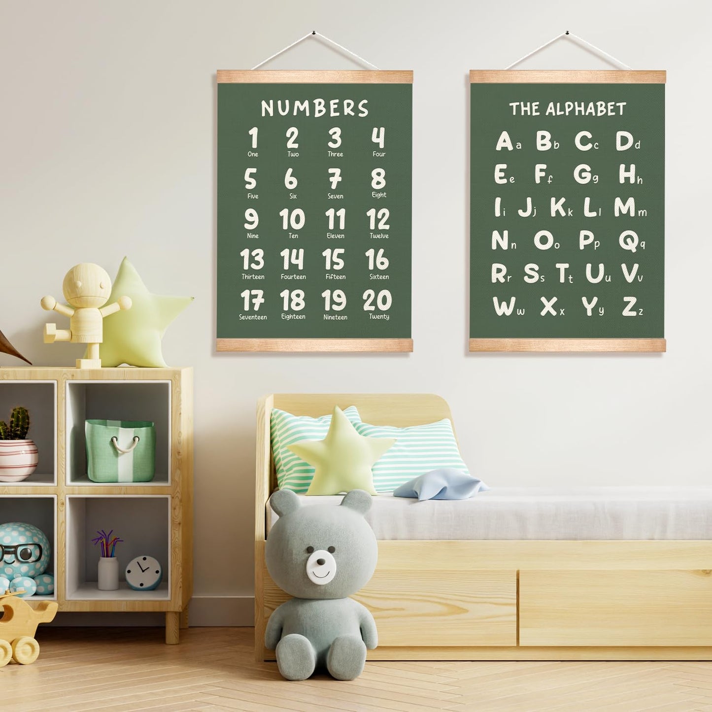 Educational Wall Art Set of 2, Numbers 1-20 and Alphabet Chart, Learning Posters for Toddler ,ABC Banner Poster, Banner Wall Hanging Decor for Toddler Room Playroom Nursery Wall Classroom Decor (Green)