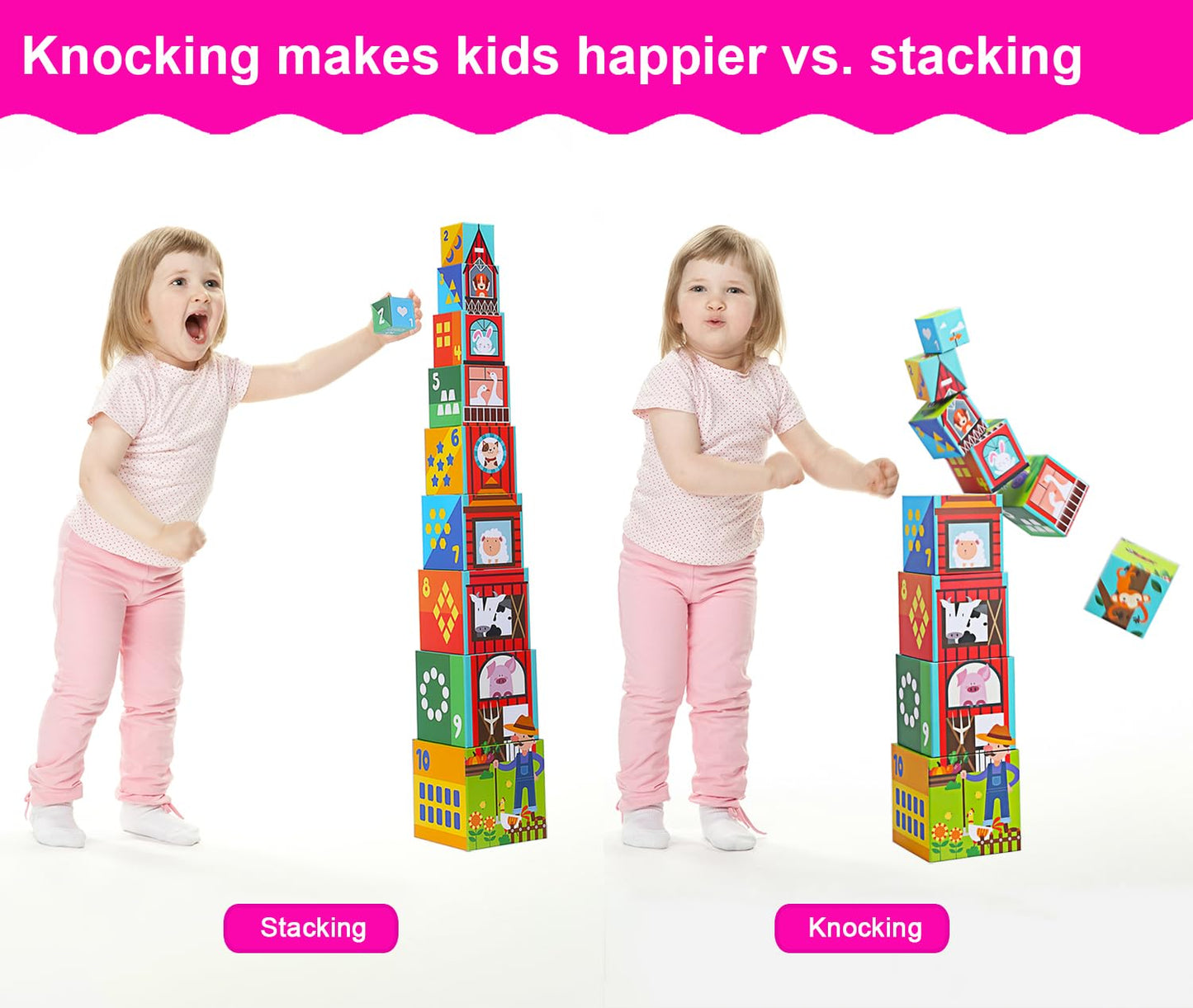 beeqoo 10 Pcs Nesting and Stacking Blocks for Toddlers 1-3 - Cardboard Stacking Cubes with ABC & Numbers - Montessori Educational Learning Toy - Sturdy Toddler Tower Building Set for Kids
