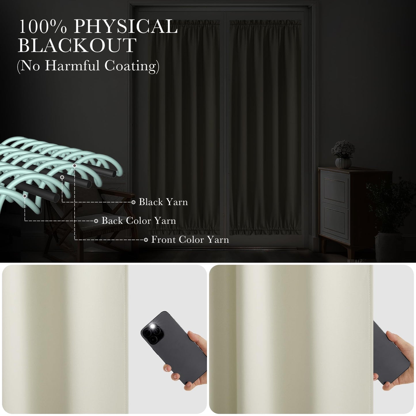 PONY DANCE Beige Back Door Curtains for Door Window, 100% Blackout Dual Rod Pocket Privacy French Curtain for Kitchen, Thermal Insulated Small Window Drapes for Classroom, W25 x L40, 1 Panel