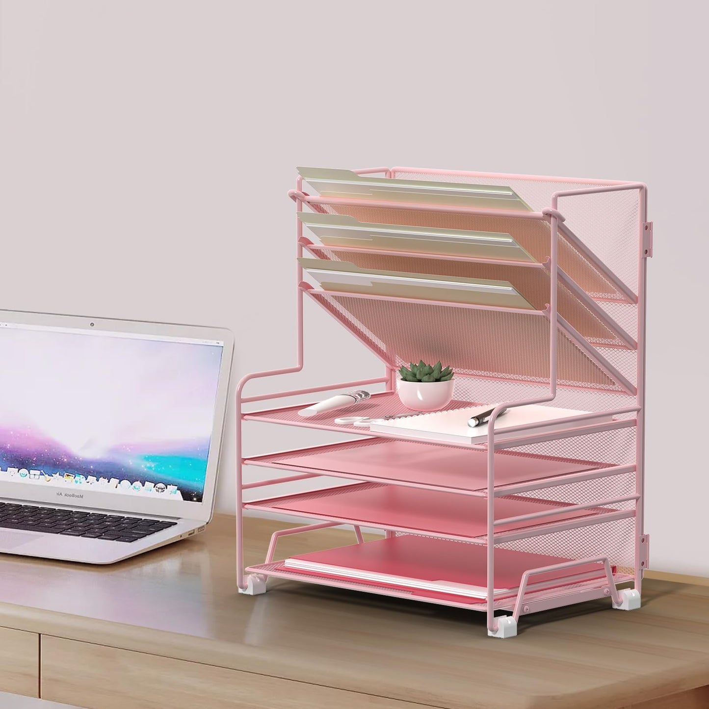 MINDEPOT 4-Tier Paper Organizer + 3-Pocket File Holder + Drawer + Pen Holders, Desktop File Organizers Paper Tray for Office Supplies School Classroom Organization (Pink, with Drawer & Pen Holder)