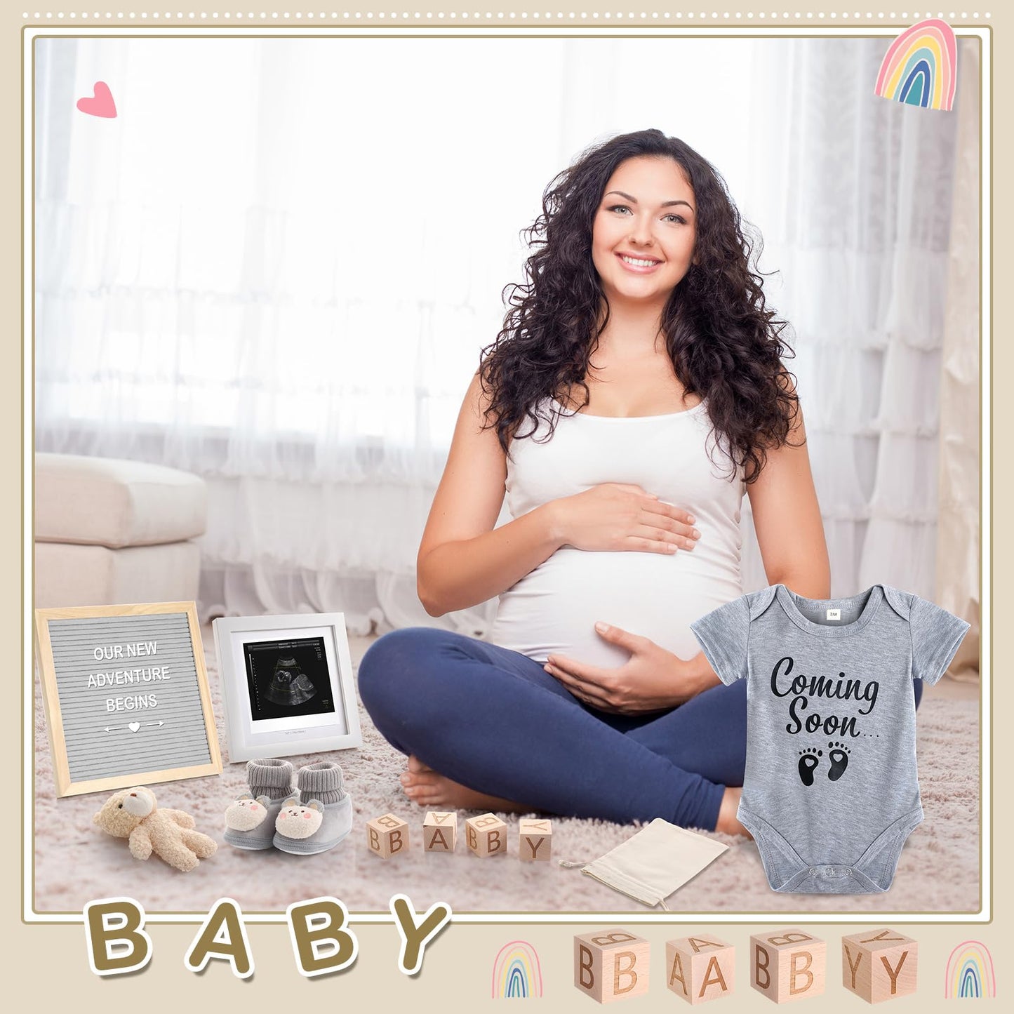 Canlierr 9 Pcs Pregnancy Announcement Set Pregnancy Reveal Ideas Felt Letter Board Baby Bodysuit Booties Photo Frame Bear Plush Wood Blocks for Coming Soon Baby Announcement(Gray)
