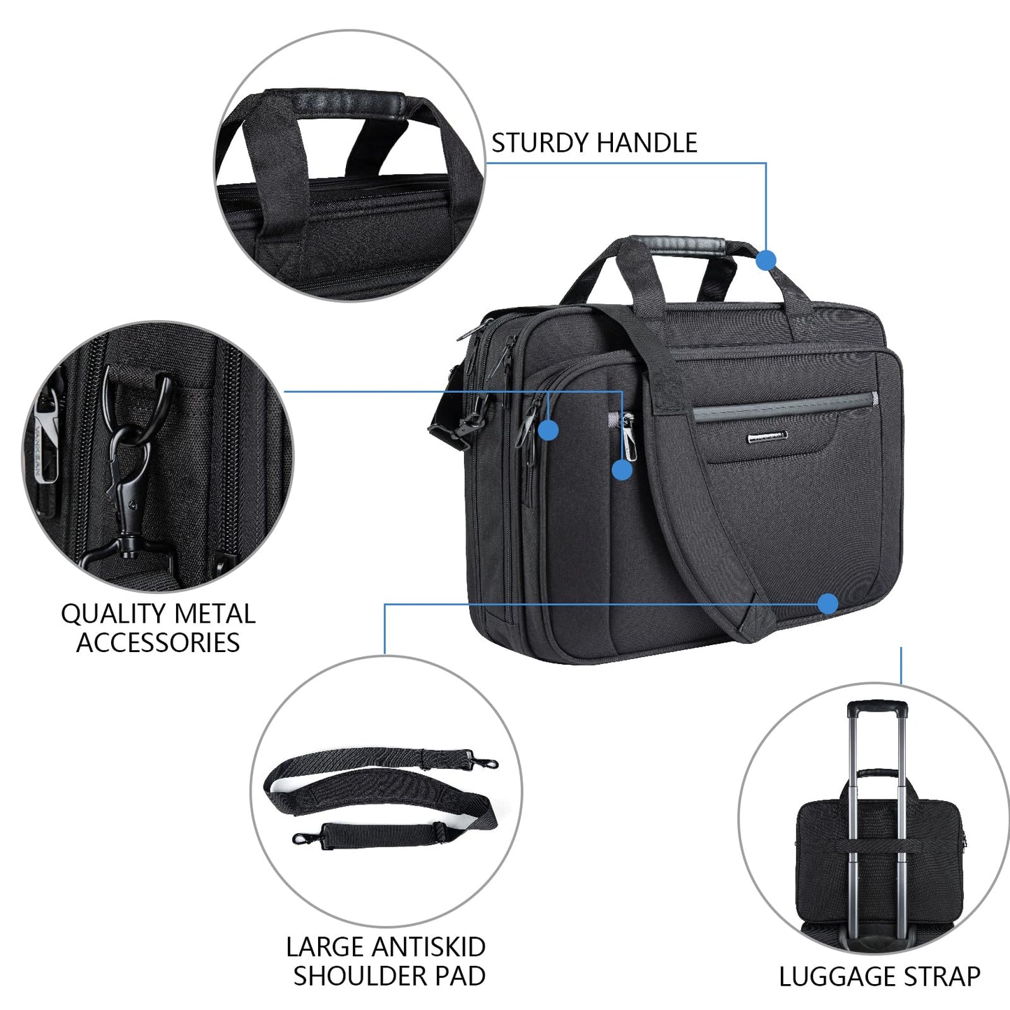 VANKEAN Laptop Briefcase Premium Laptop Case Fits Up to 17.3 Inch Business Shoulder Bag Laptop Expandable Water-Repellent Messenger Bag for Men/Women Computer Bag for Travel/Business/Black-Grey