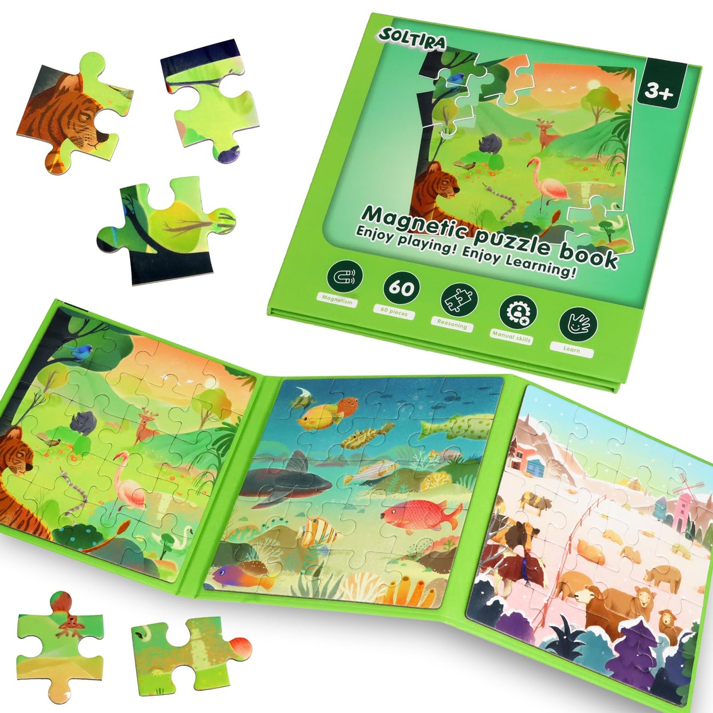 Magnetic Puzzles for Toddlers 3-5 60PCS-3 Animal Themes Magnetic Puzzles for Kids 4-6 Travel Puzzle for Airplane/Car/Road Trip/Gift Toys for 3 4 5 6 7 8 Girls and Boys