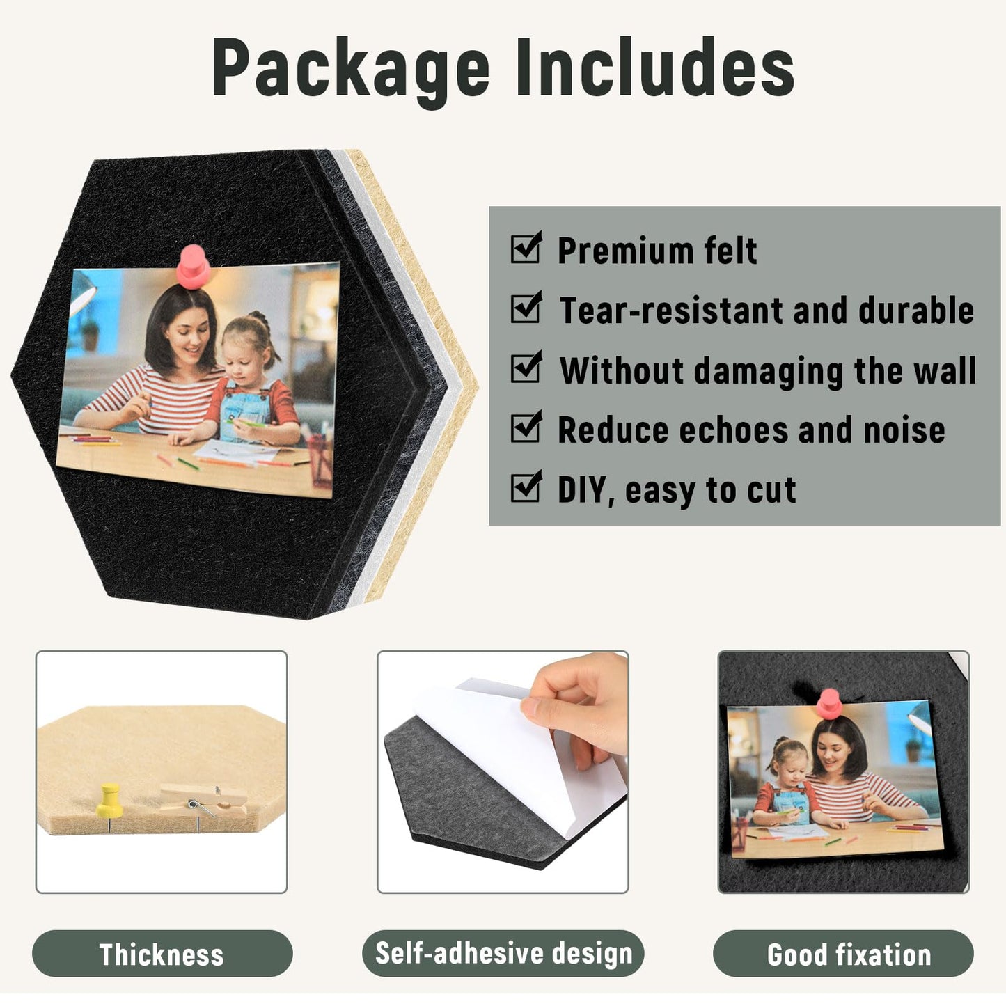 16Pcs Hexagon Felt Cork Board Tiles Self Adhesive Hexagon Wall Tiles with 60 Push Pins 20 Wooden Clips DIY Bulletin Board Pin Boards for School Office Home Photos Memos Display (Black Grey)