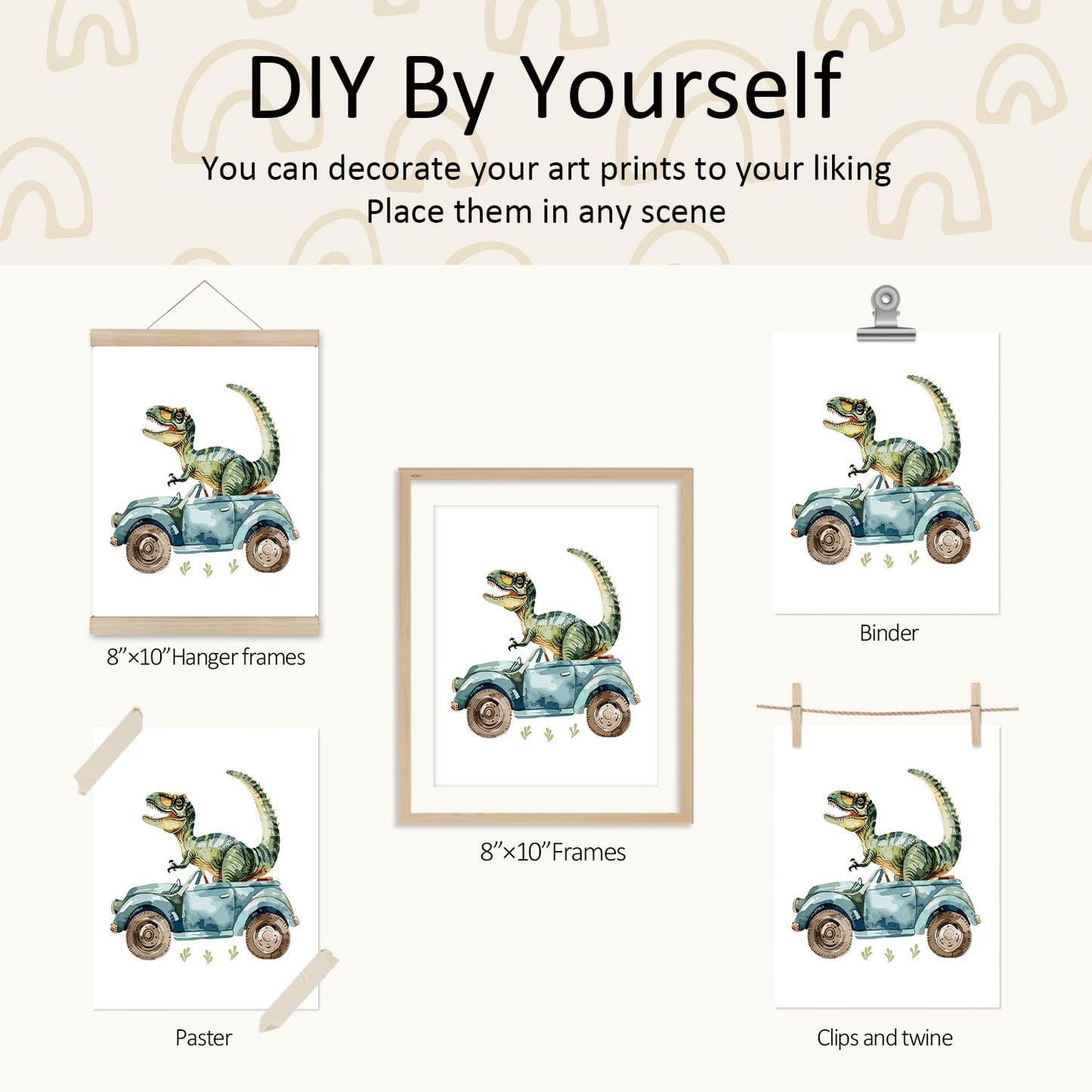 VONTP Dinosaur Nursery Wall Art Decor, Green Dino Construction Truck Boys Room Artwork for Kids Room Nursery Playroom, 8x10 Inch Set of 4 (Unframed)