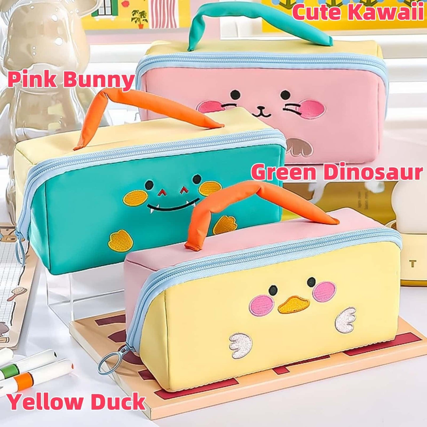 VTYFRY Cute Kawaii Pencil Case Pouch with Handle Cartoon Animal Large Capacity Pen Box Holder Organizer for Office Workspace Supplies Desk Accessories Travel Essentials Trendy Gift (Yellow Duck)