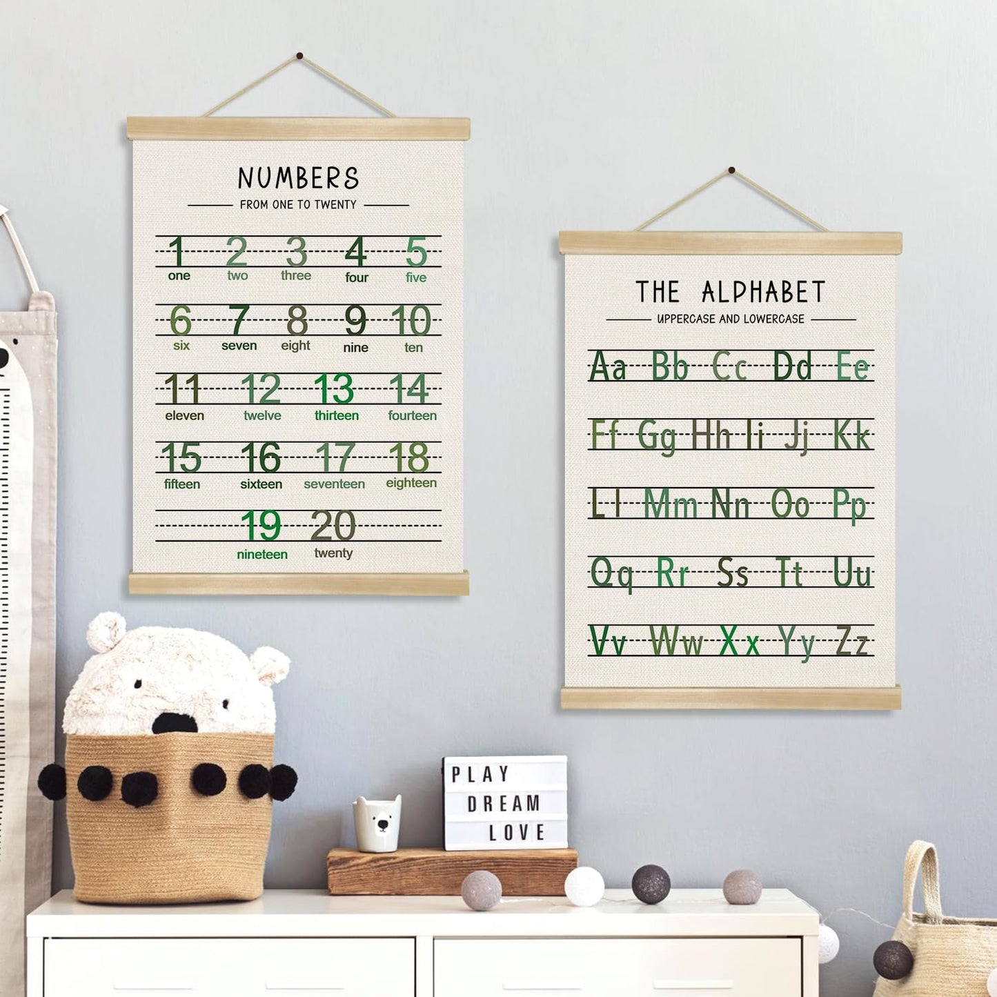 Alphabet and Numbers Wall Chart Set of 2 ,Toddler Educational Posters,ABC and 1-20 Number Learning Banners for Toddlers, Preschool Classroom, Homeschool, Nursery, Playroom Decor 14 x 18.5 Inch(Green)