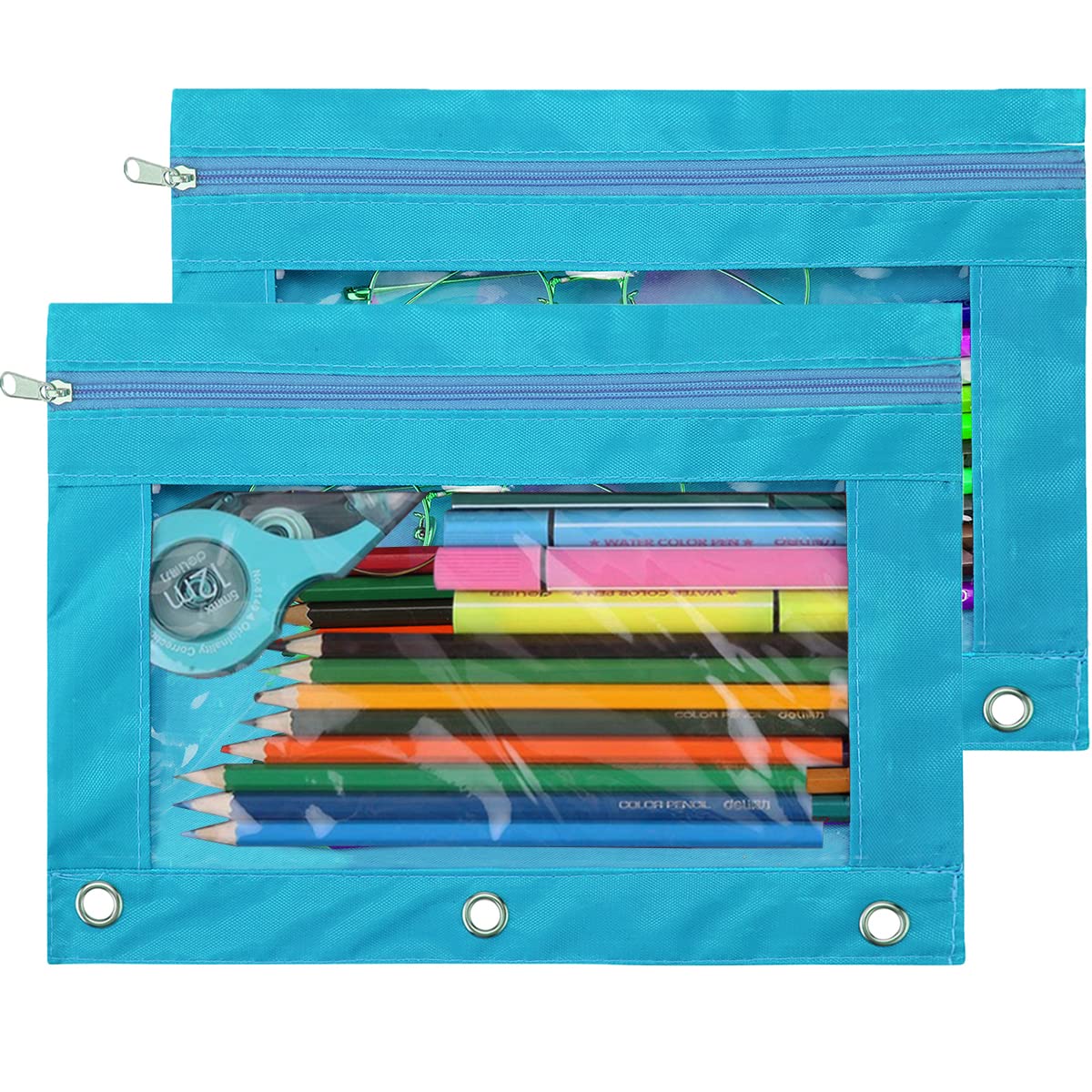 TOPWOOZU Pencil Pouch 3 Ring, Zipper Pencil Pouches Case Binder Cosmetic Bag Black 2 Pack