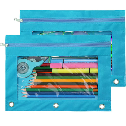 TOPWOOZU Pencil Pouch 3 Ring, Zipper Pencil Pouches Case Binder Cosmetic Bag Black 2 Pack
