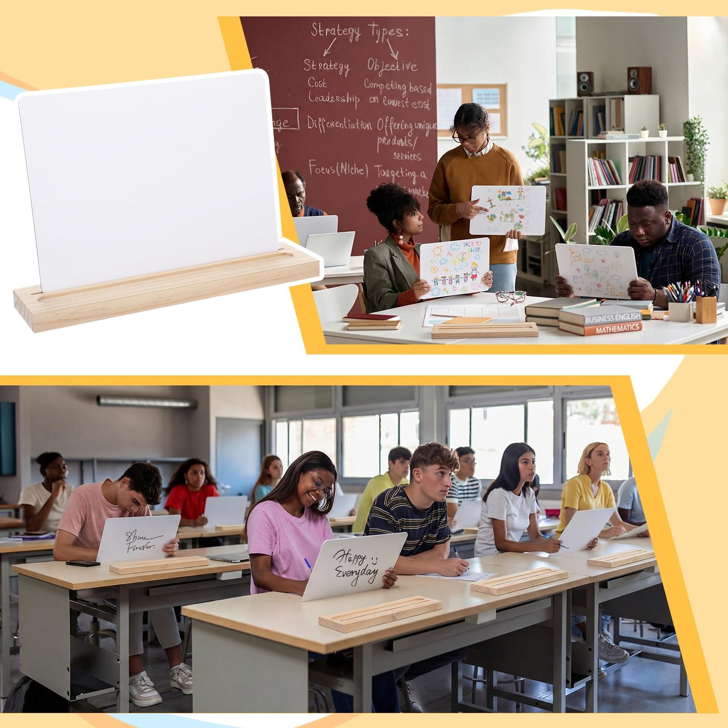 Qunclay 12 Pcs/ 6 Set 13" Portable Mini Whiteboards for Students Wooden Lapboard Stand Portable Desktop Dry Erase Small Whiteboard with Stand for Classroom School Office Home Teacher Desk Supplies