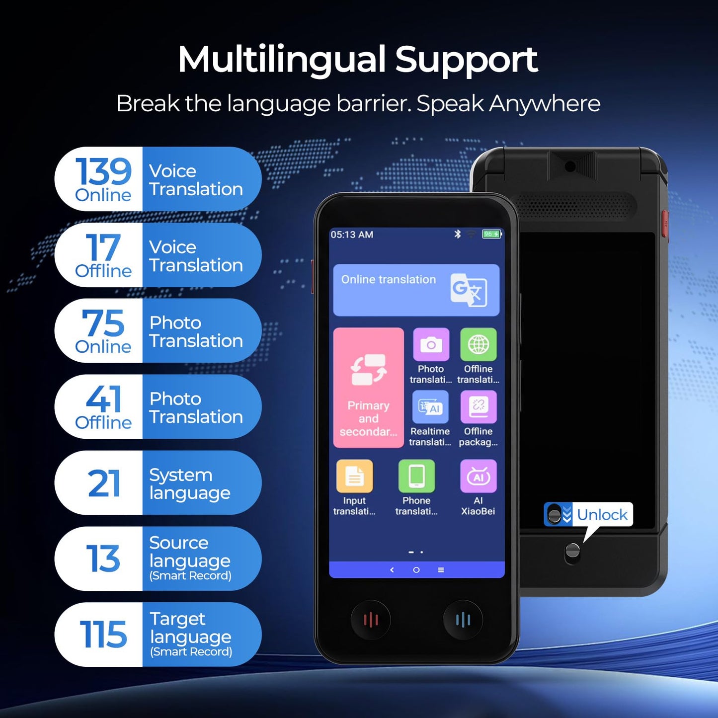 iTour Detachable Language Translator Device, Upgraded Instant Voice Translator, Real Time Dual Screen AI Translator with 139 Languages, Online & Offline & Photo & Group Chat & Text Translation