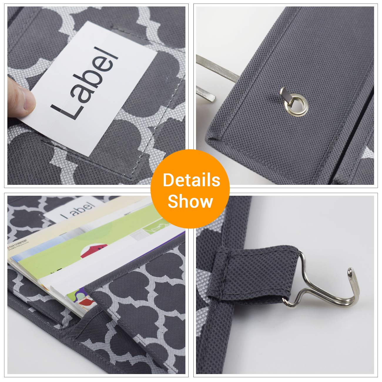 homyfort Over the Door File Organizer, Hanging File Folders, Wall Organizers and Storage for Mail, Magazine, Notebooks, Planners, Office, Classroom, 5 Extra Large Pockets (Grey Lantern Pattern)