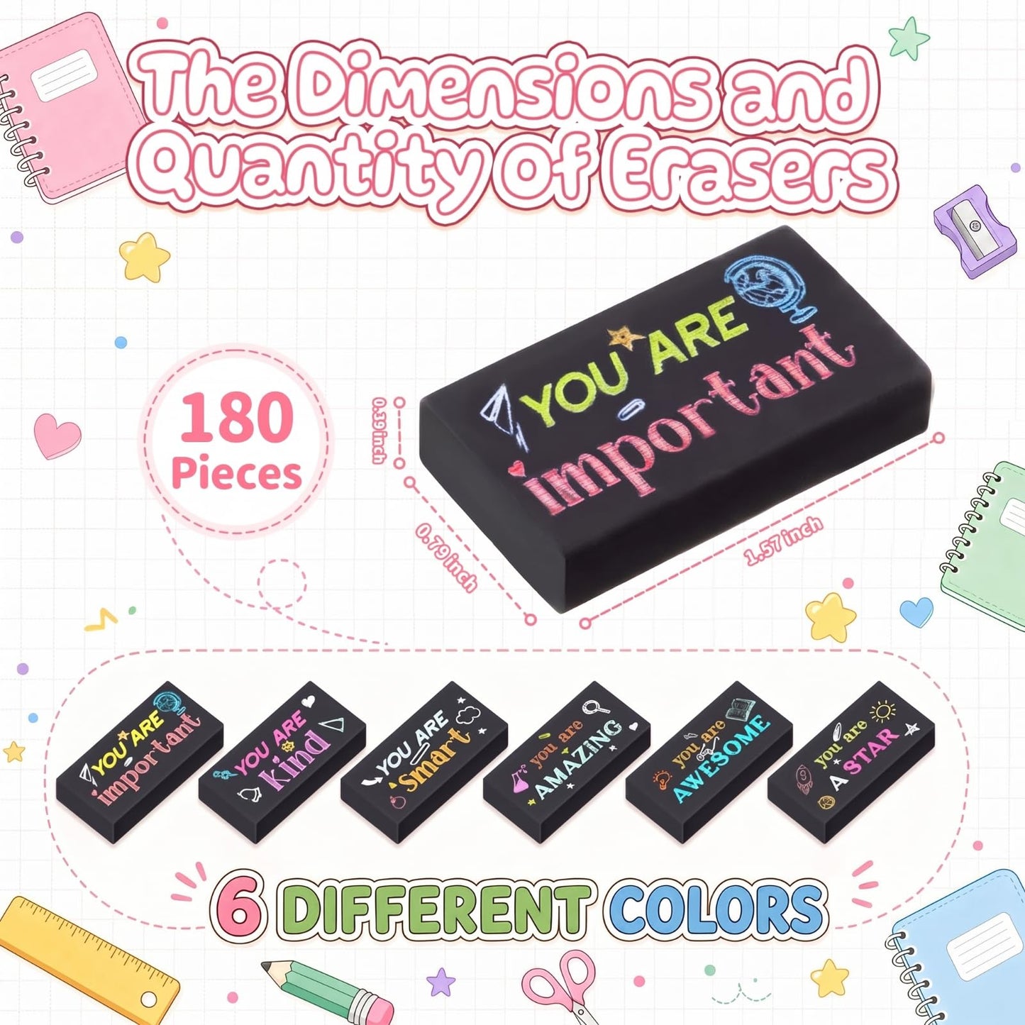 Resurhang 180 Pcs Erasers Bulk for Kids Inspirational Pencil Erasers Bulk for Drawing Motivational Big Eraser School Supplies for Classrooms Back to School Office (Inspirational,Black)