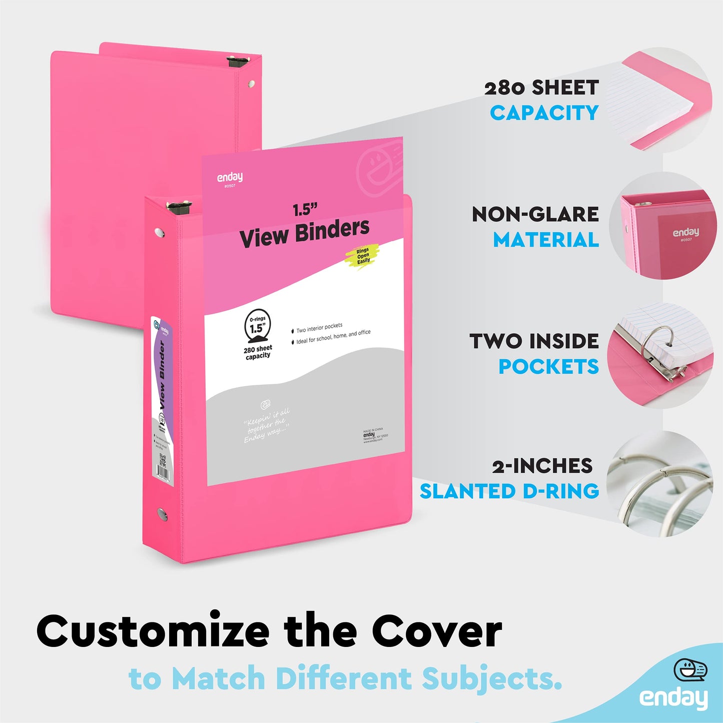 Enday 3 Ring Binder 1.5 Inch, Pink Heavy Duty Three Ring Binder, 325 Sheets Capacity - 1.5 Inch Binder for Home School and Office