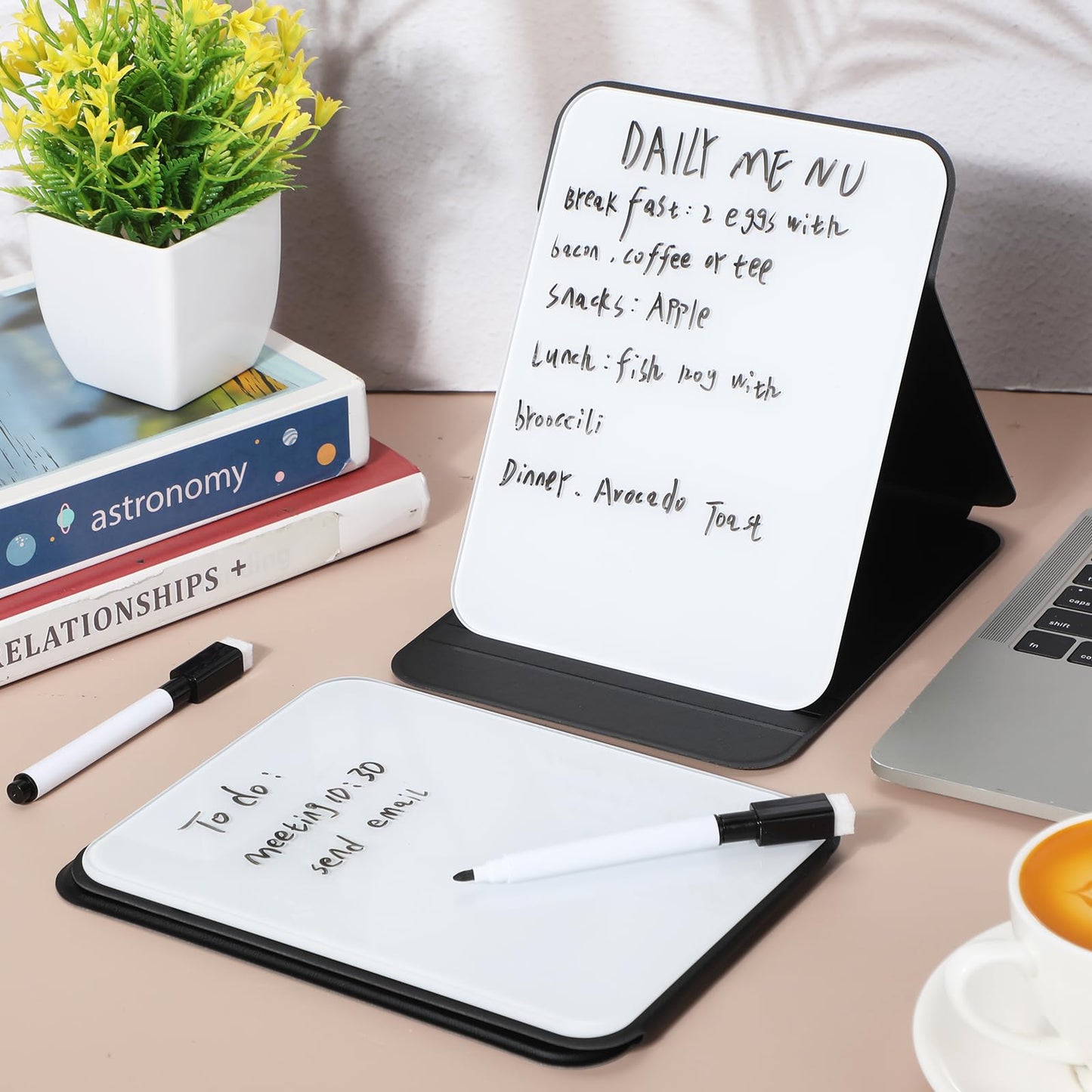 Dunzoom 2 Sets 4 Pcs Small Glass Desktop Whiteboard with Reversable Stand 8x6 Inch Mini Dry Erase White Board Easel with 2 Markers Reusable Desk Notepad for Home Office School Supplies (Black)