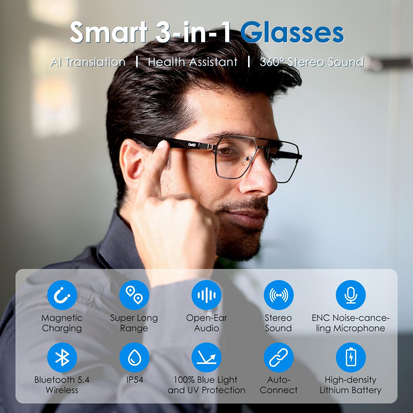 GetD Bluetooth Sunglasses for Men/Women, AI Translator, 11H Battery Life, Polarized Lens, UV Protection, Voice Control, Built-in Mic & Speakers, Smart Eyewear for Gaming Meeting Travel