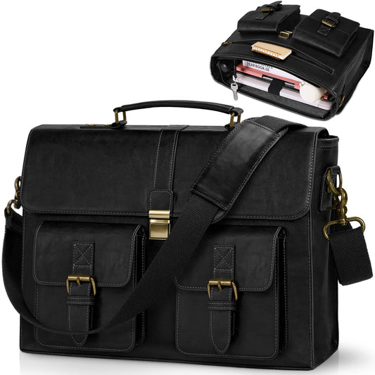 RAINSMORE Mens Messenger Bag 15.6 Inch Leather Vintage Laptop Briefcase Waterproof Computer Laptop Bag Leather Satchel Bag Large Shoulder Bag for Office Work Travel College, Black