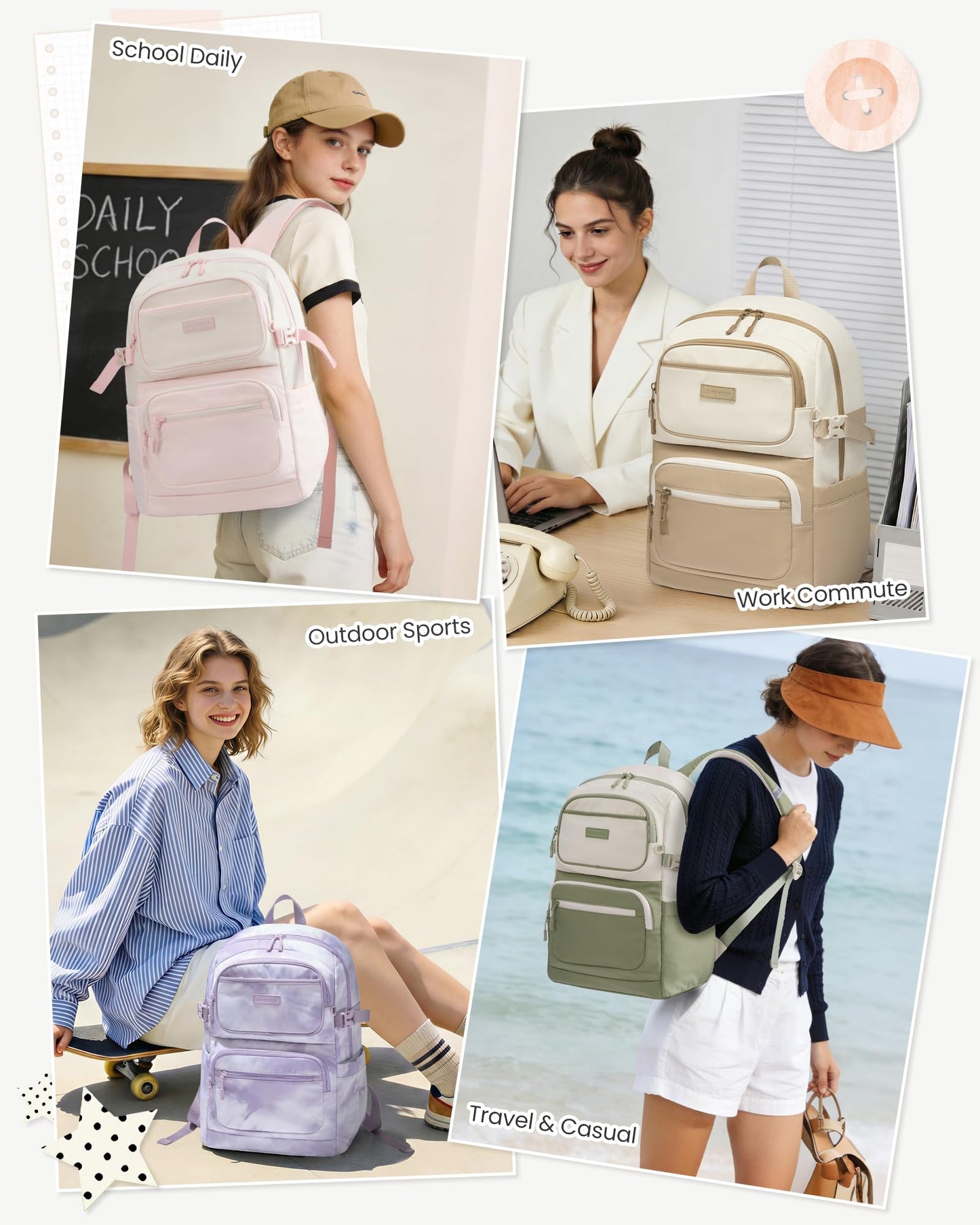 LOVEVOOK School Backpack for Teen Girls & College Students, Large Capacity Laptop Backpack with Water Bottle Holder, Lightweight Bookbag for School, Travel & Everyday Use, Beige-Khaki