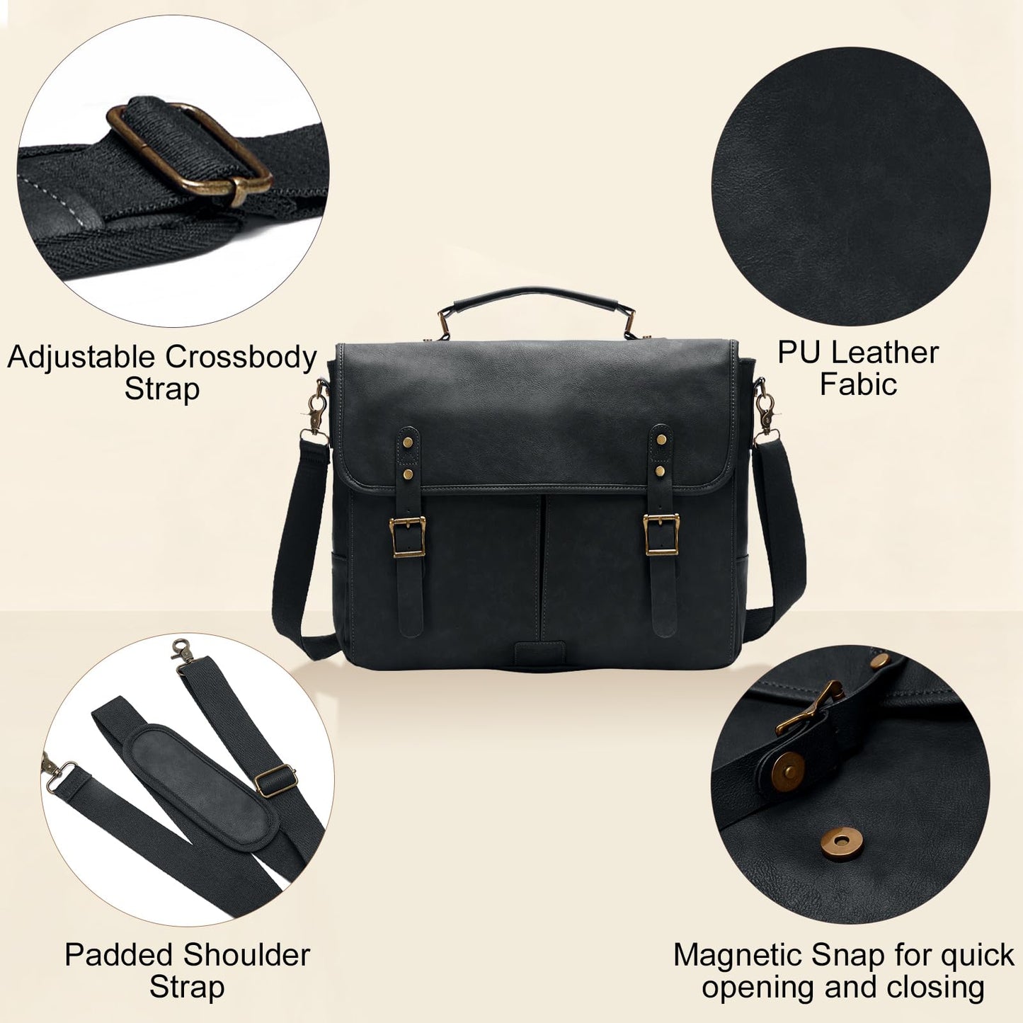 Leather Messenger Bag for Men, 15.6in Laptop Briefcase Vintage Waterproof Laptop Bag Shoulder Bags Satchel Office Bag(Black)