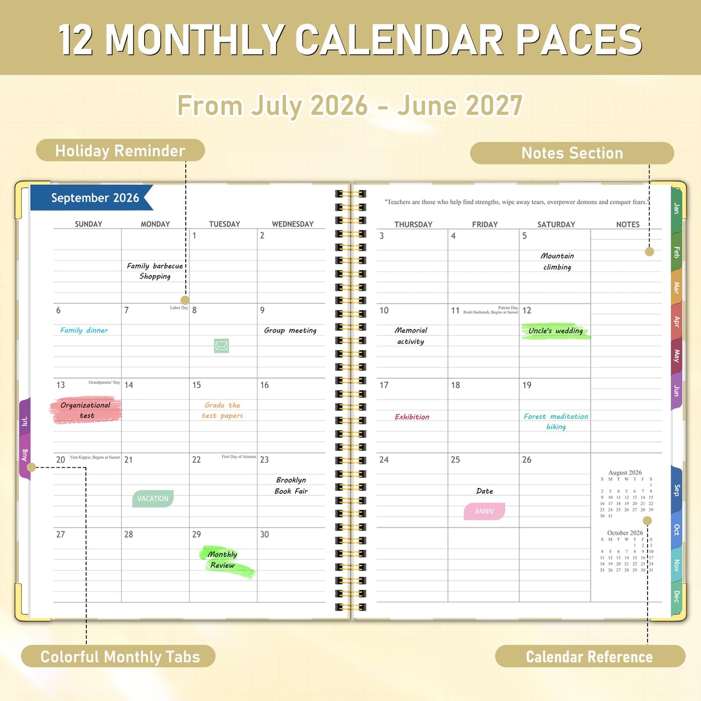 Teacher Planner 2026-2027, Jul 2026-Jun 2027 Academic Year, 8.5" x 11" Lesson Planner Book for Teacher Calendar, Spiral Bound Planners, Planning Stickers, Colorful Monthly Tabs, YellowCheckered
