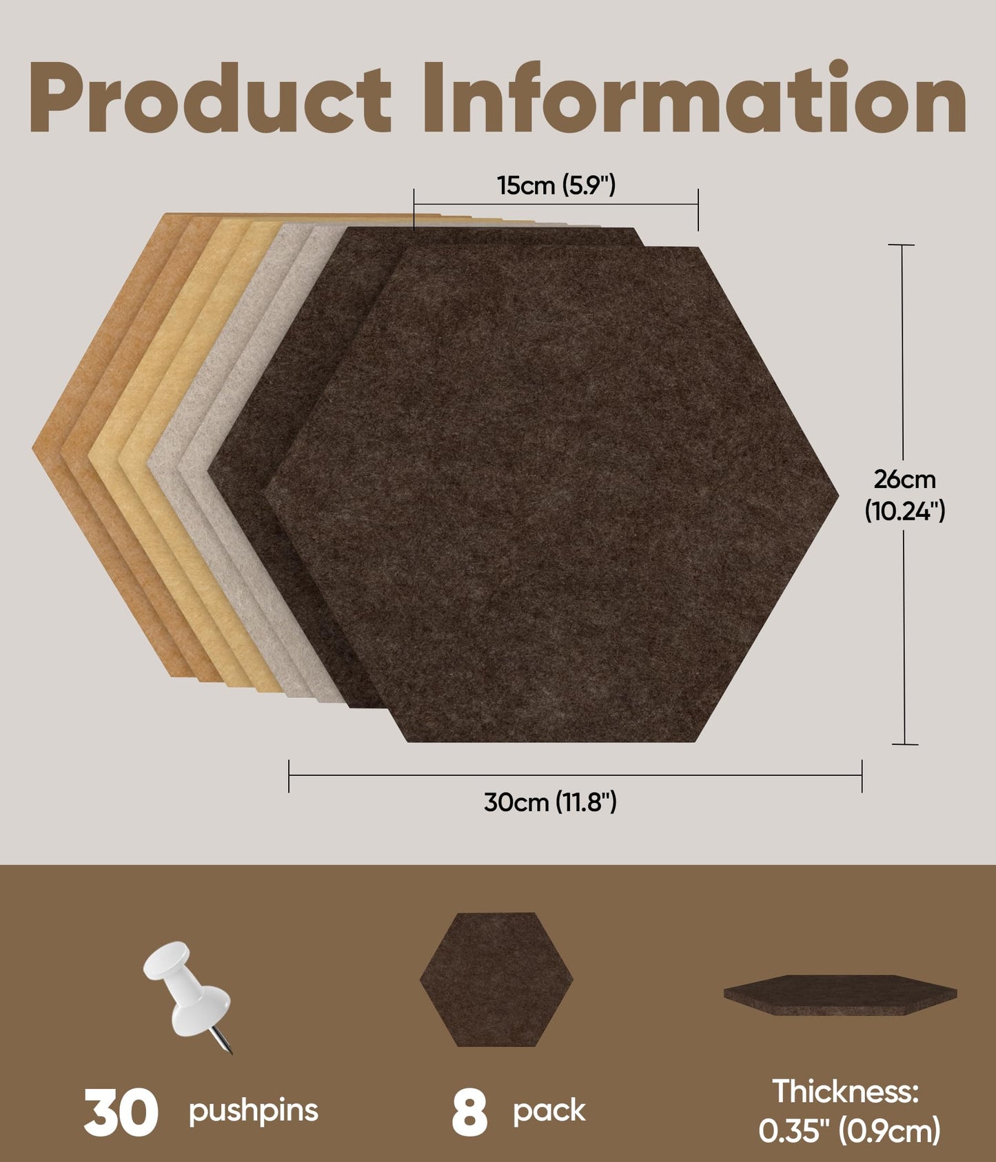 Toptople 12 Inch Large Hexagon Cork Board for Walls, 8 Pack Felt Bulletin Board Tiles, Pin Board with Push Pins for Office Photo and Note, Maillard Brown