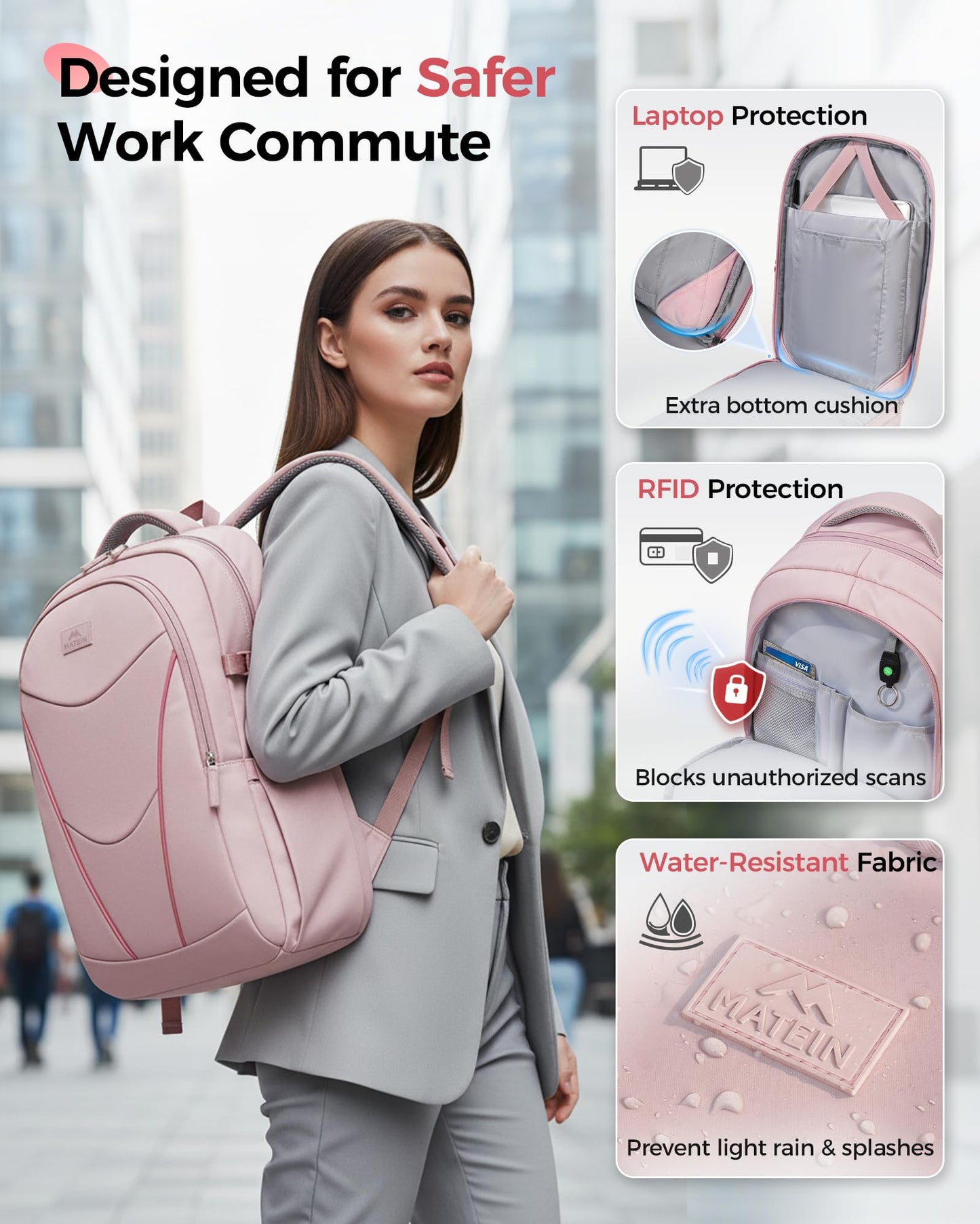 MATEIN HER Laptop Work Backpack with Lunch Compartment for Women, Water Resistant Work Backpack for Office Commute with RFID Pocket, Teacher Nurse College School Bag Fits up to 17 inch Computer, Pink