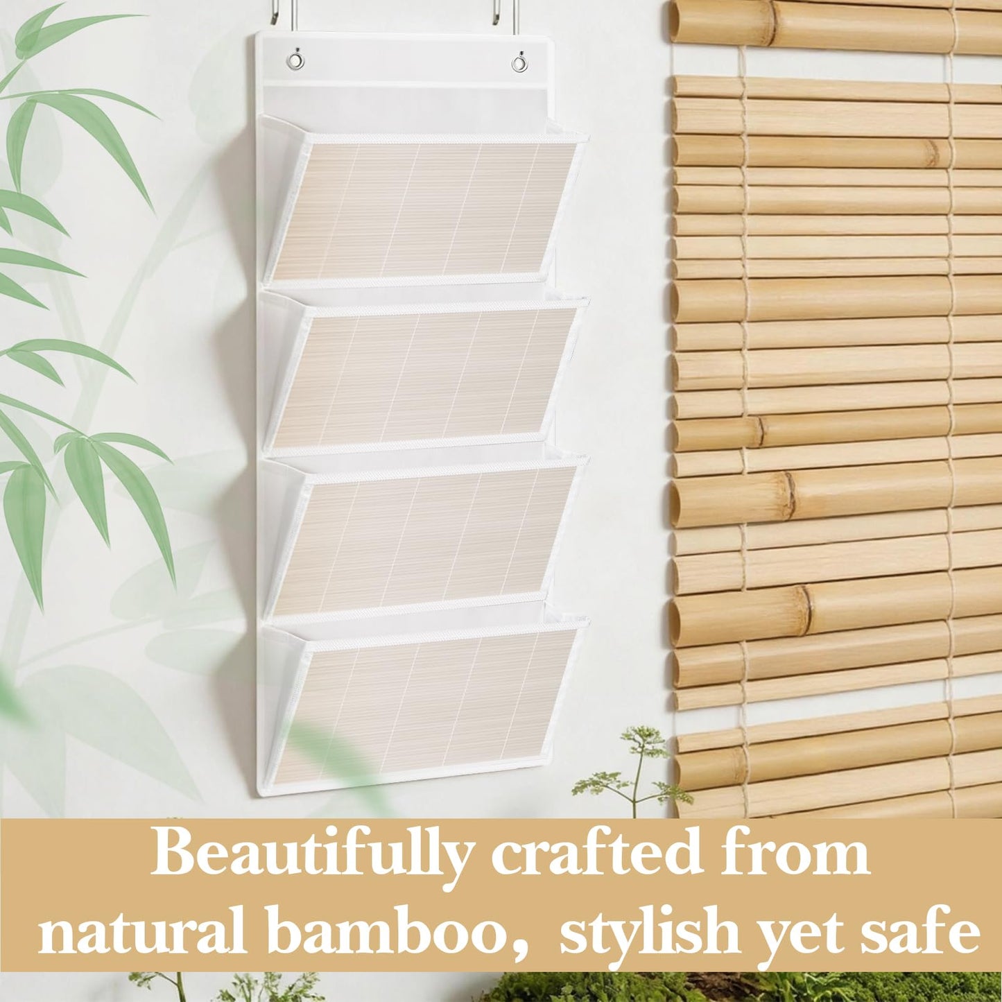 homyfort hanging wall file organizer, Over the door file folder organizer with 4 Large Bamboo Pockets, Suitable for Home, Office, Back to School Supplies Storage and Organization (White)