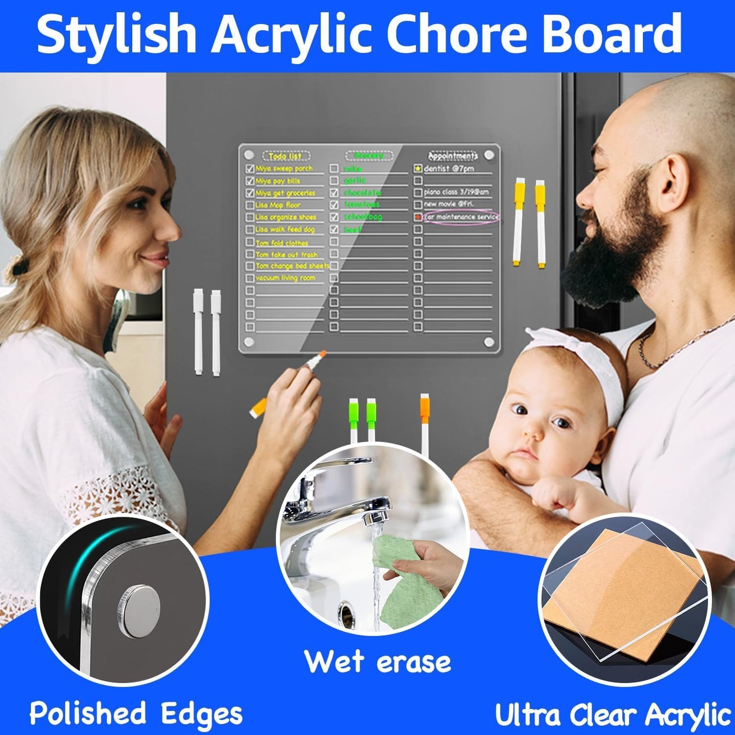 PigPotParty Acrylic Magnetic to Do List Whiteboard for Refrigerator, 12x9.5 Inch Clear Dry Erase Checklist Board, 3-Column Fridge List with Pre-Installed Embedded Magnet, 8 Markers and 1 Towel