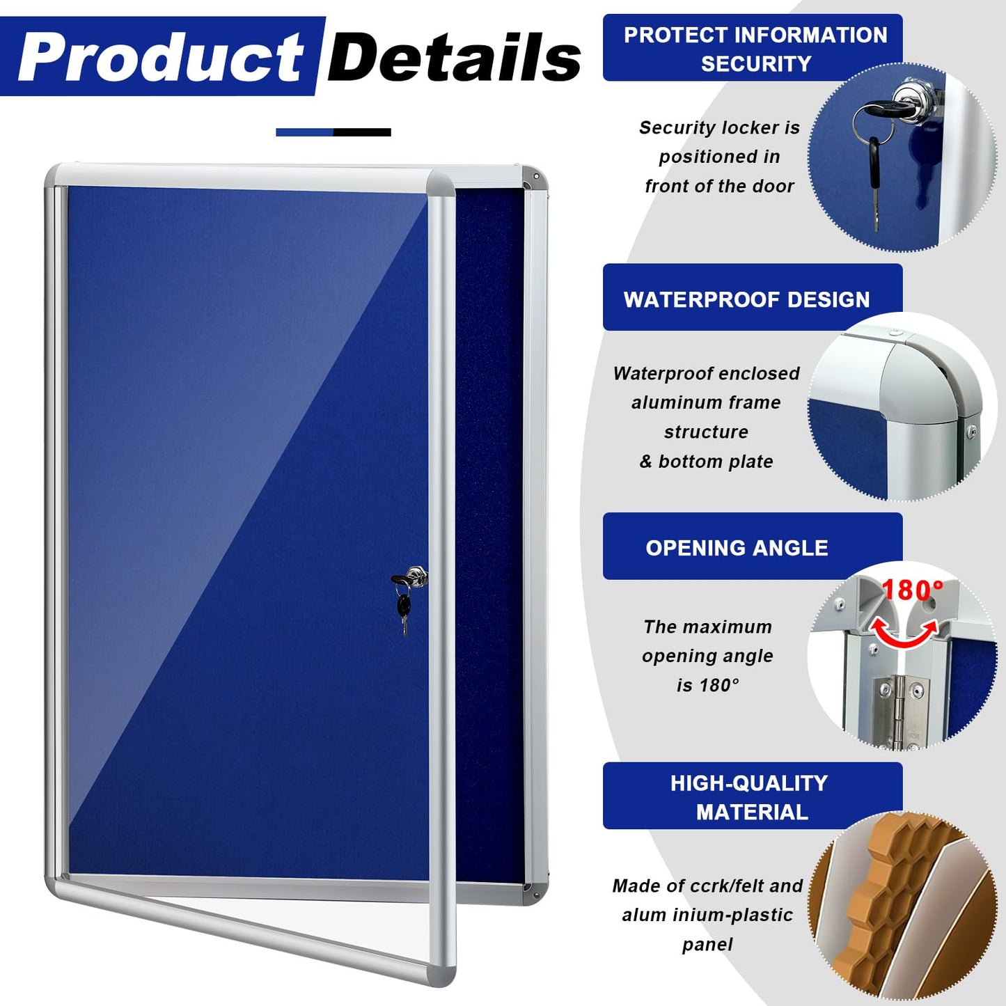 Maasechs Blue Enclosed Bulletin Boards 36 x 46.5 Inch Lockable Noticeboard Displays Cork Boards Wall with Locking Door, Outdoor Bulletin Board Windproof Ideal for School Office Notices
