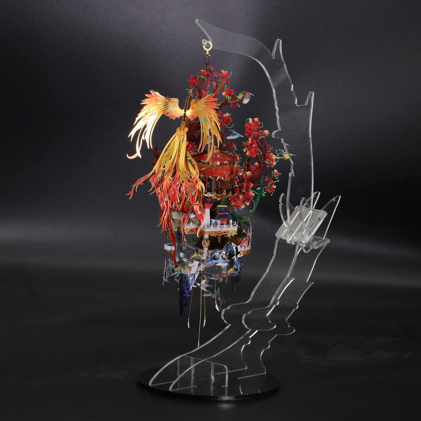 MU 3D Metal Puzzle Magic Fire Phoenix, Birds' Praise to Phoenix Metal Model Kits Building, Lighting Ancient Chinese Palace with Bracket DIY Miniature Building, Birthday Housewasrming Gift Home Decor